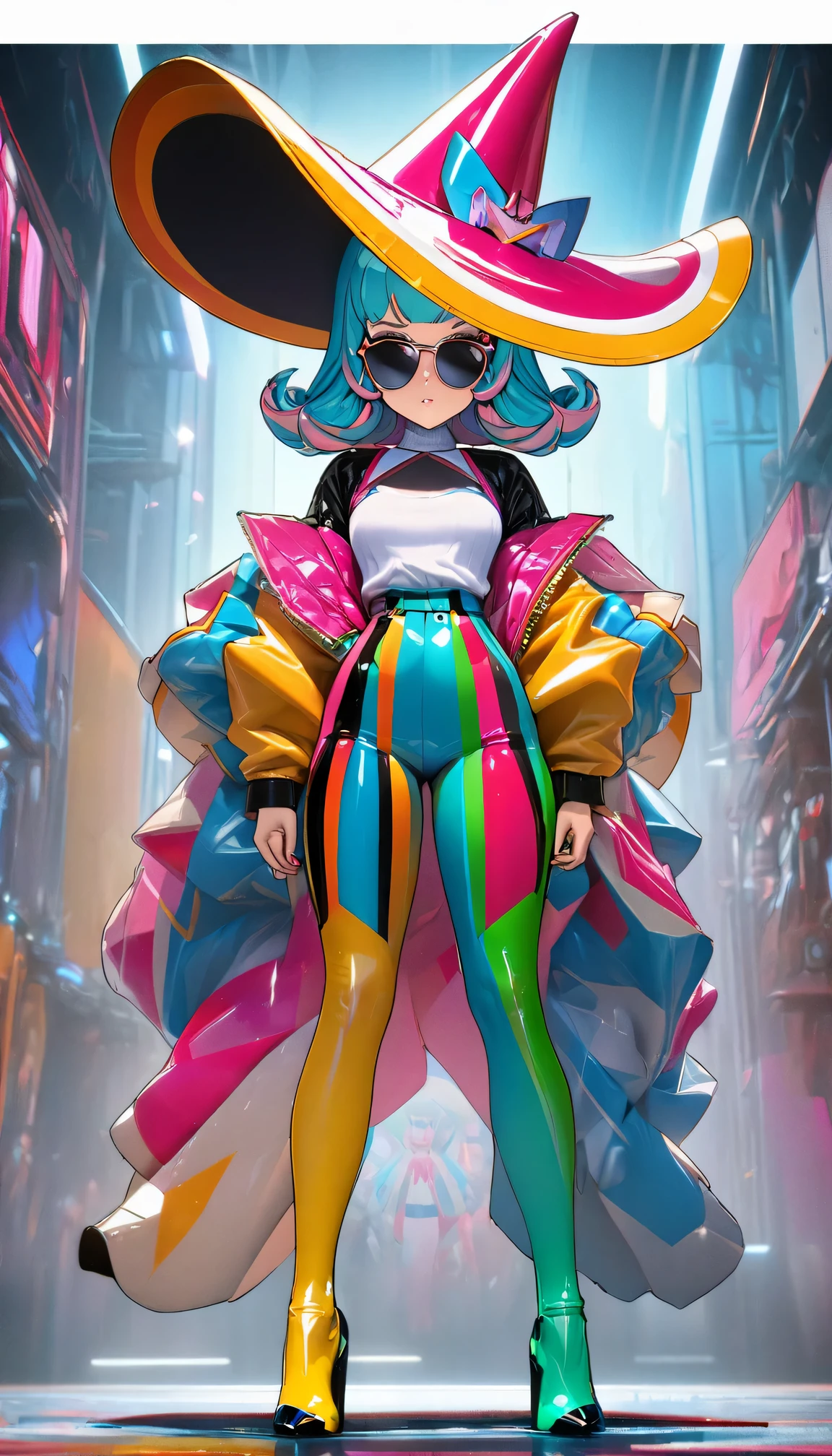 1970s futuristic retro school,1 Beautiful Fashion female model, Exaggerated hats,(Colorful Fashion heels),Standing in the center of the catwalk and performing, (pop art style)Fashion,sunglasses,concept art,Popular topics on artstationh, complicated, High Density Imaging Review, ultra high definition, studio lighting,Physically based rendering, .(best quality,4K,8K,High resolution,masterpiece:1.2).