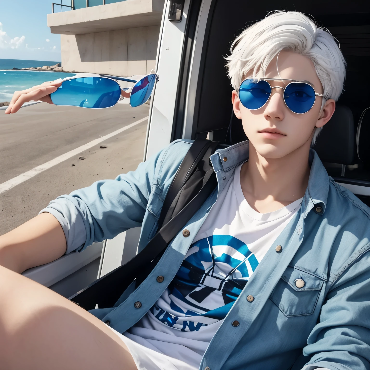 An white hair teenage boy with blue eyes and a pair of round sunglasses on his forehead