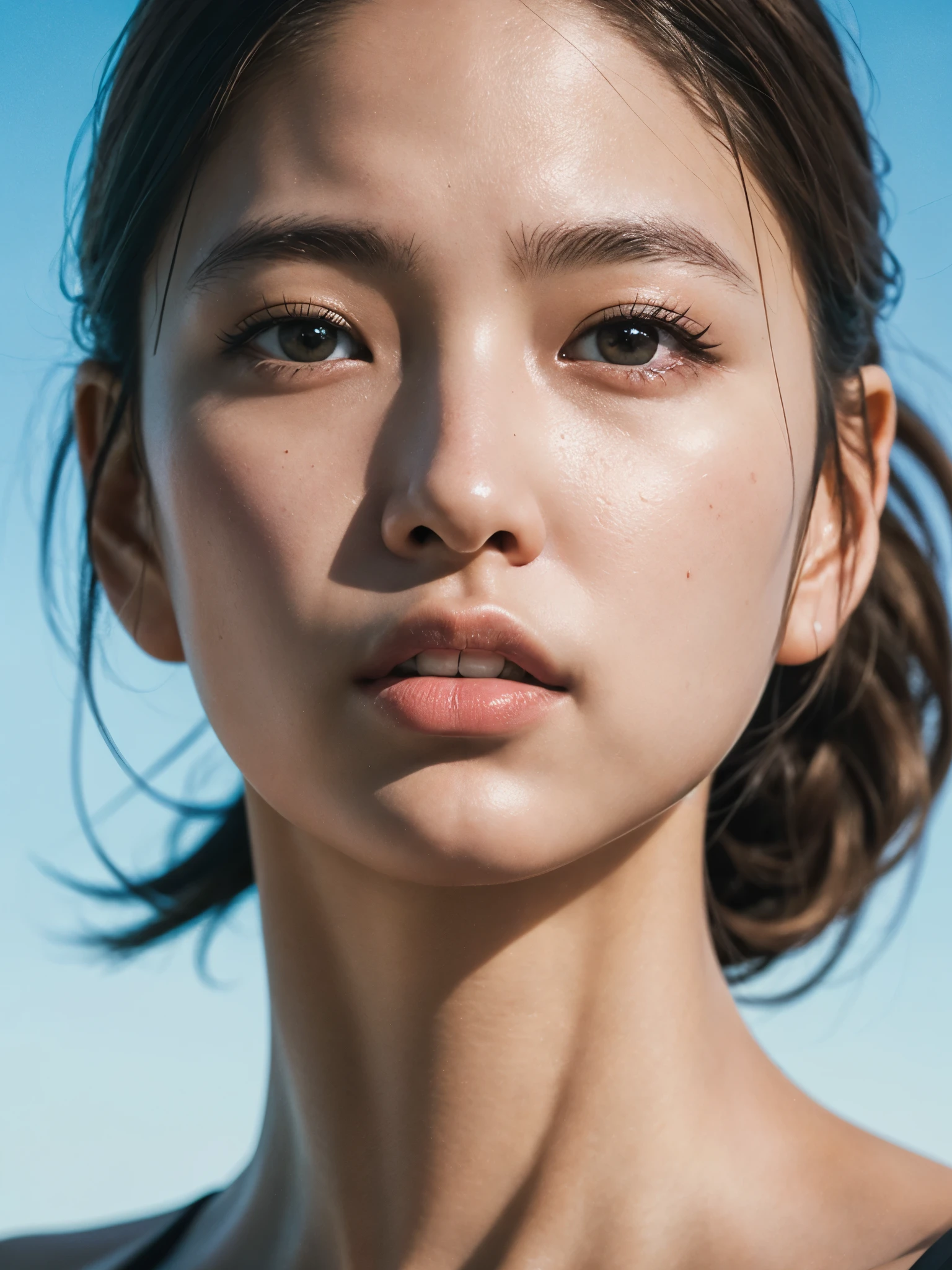 Close-up of a character's face，sports magazine cover，bright picture，Real skin texture，Realistic ray tracing，True light reflection，8k，masterpiece，Super fine，Film effect，grainy，Realism 