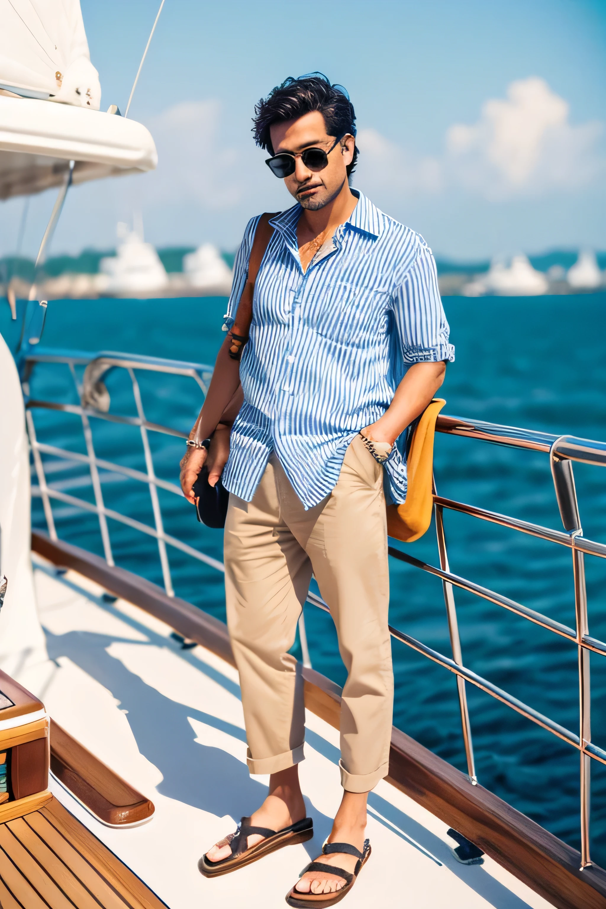 Dressed in a striped shirt, 夏の日のyacht ,steer the steering wheel ,yacht, japanese men, yacht,A little badass、Man in sunglasses,photograph, surreal, 8K, yachtの上にいる男性のphotograph, Large handle ,Good weather, gentle waves, perfect eyes, shallow depth of field,full body shot,Photographed from the front,Large handleが前に,Holding the handle,sandals,nice、Snazzy,yacht,セーリングboat,sailboat,boat,full body shot,Okinawa Sea,30 generation men、a handsome guy