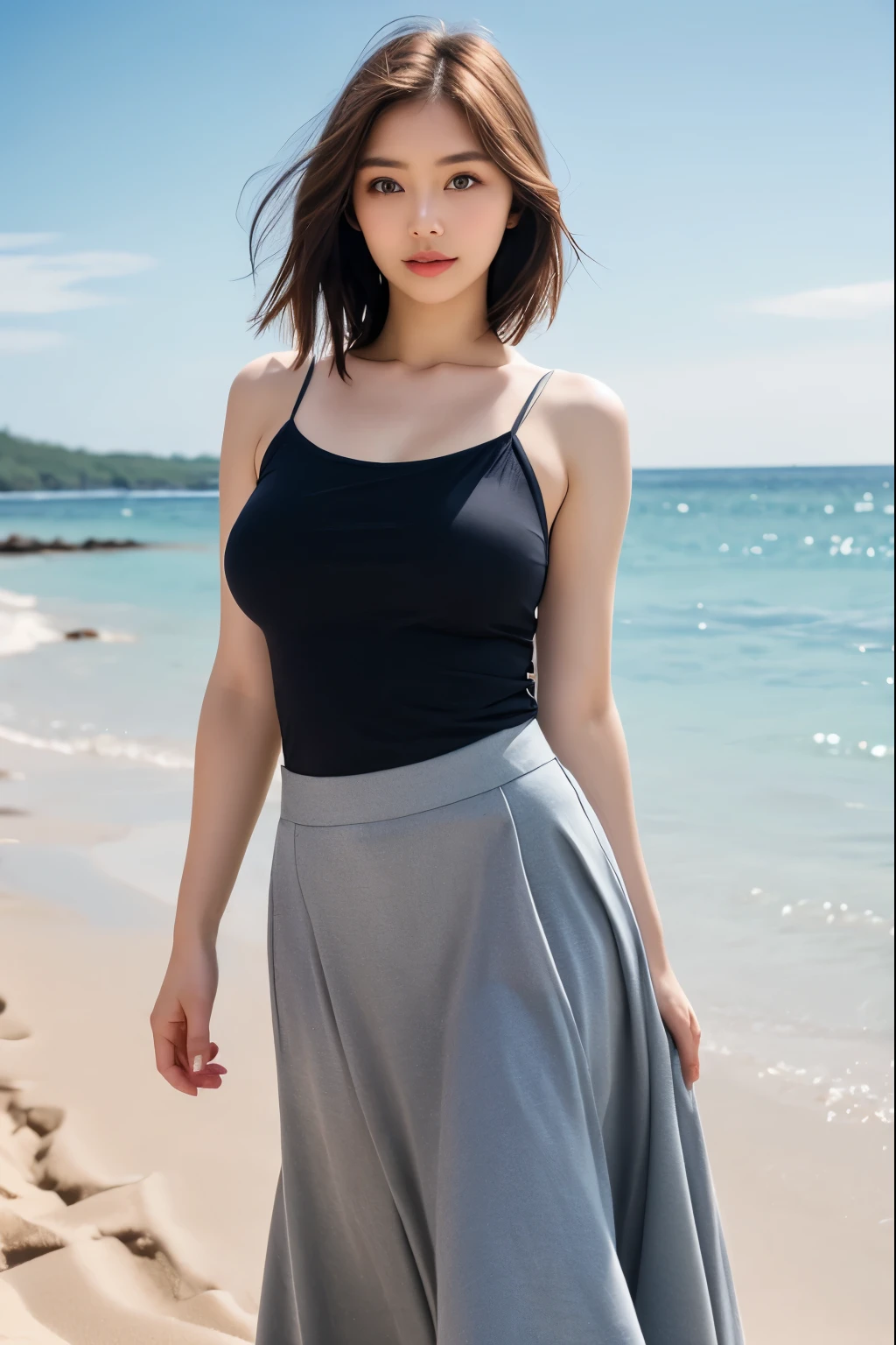 {{NSFW}},((highest quality、In 8K、masterpiece:1.1)),(Natural light),(shine:1.4),(illuminate the front), (ultra-detailed face),1 female、japanese woman、25 year old adult female、Beautiful woman with bob hair、(短hairの女性)、(shoulder length),droopy eyes、droopy eyes、cute big eyes、beautiful double eyes、cute face、delicate and beautiful skin、human-like skin、Realistic skin feel、複雑な色hair.luster々hair、looking at camera、double round big eyes、Very delicate eyes、super detailed face、high definition lip、thick lips、emphasize the face、clear white skin、beautiful white woman、Nipples are erect and protruding ,no panties,pussy line,Take a picture of a standing woman from below、too big breasts、t-shirt、woman wearing gray camisole、white sand beach、Blue beach、The long skirt is swaying in the wind、woman wearing a t-shirt、