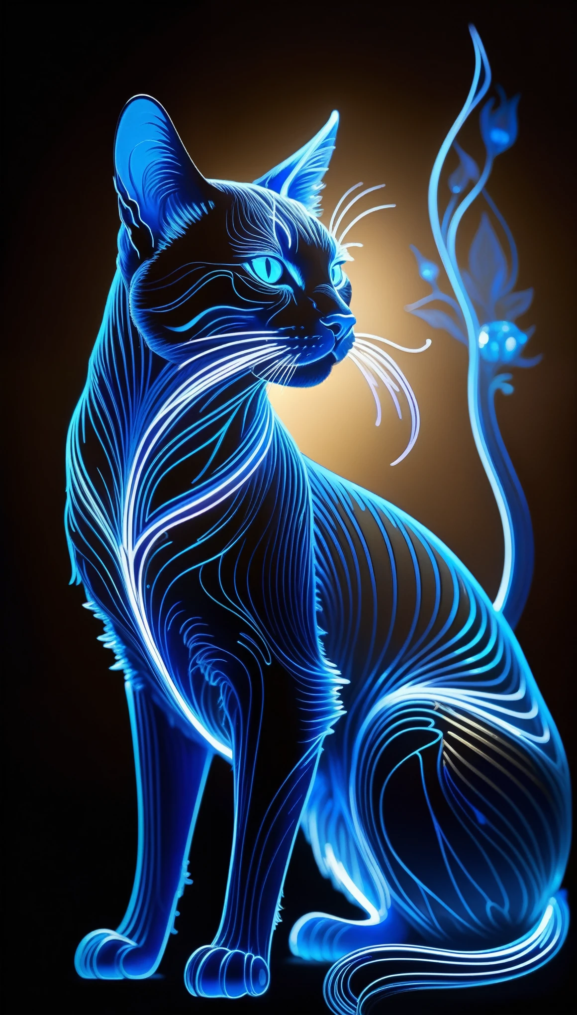 Sketching with a silver pen, On a dark background, blue electric charges form a stylized silhouette of a electric cat, bioluminescence,Aaron Hawkey and Alexis Bricklot and Mucha styles, super detailed,