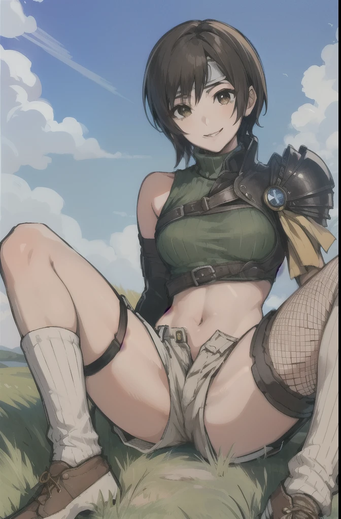 masterpiece, highest quality, Yuffie Kisaragi, head band, sleeveless turtleneck, shoulder armor, arm guard, fingerless gloves, tan shorts, single thigh high, fishnet, sitting、spread legs,, blue sky, Grass, smile 