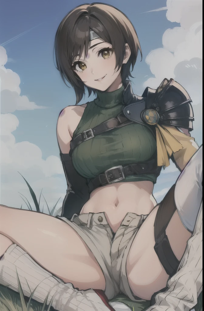masterpiece, highest quality, Yuffie Kisaragi, head band, sleeveless turtleneck, shoulder armor, arm guard, fingerless gloves, tan shorts, single thigh high, fishnet, sitting、spread legs,, blue sky, Grass, smile