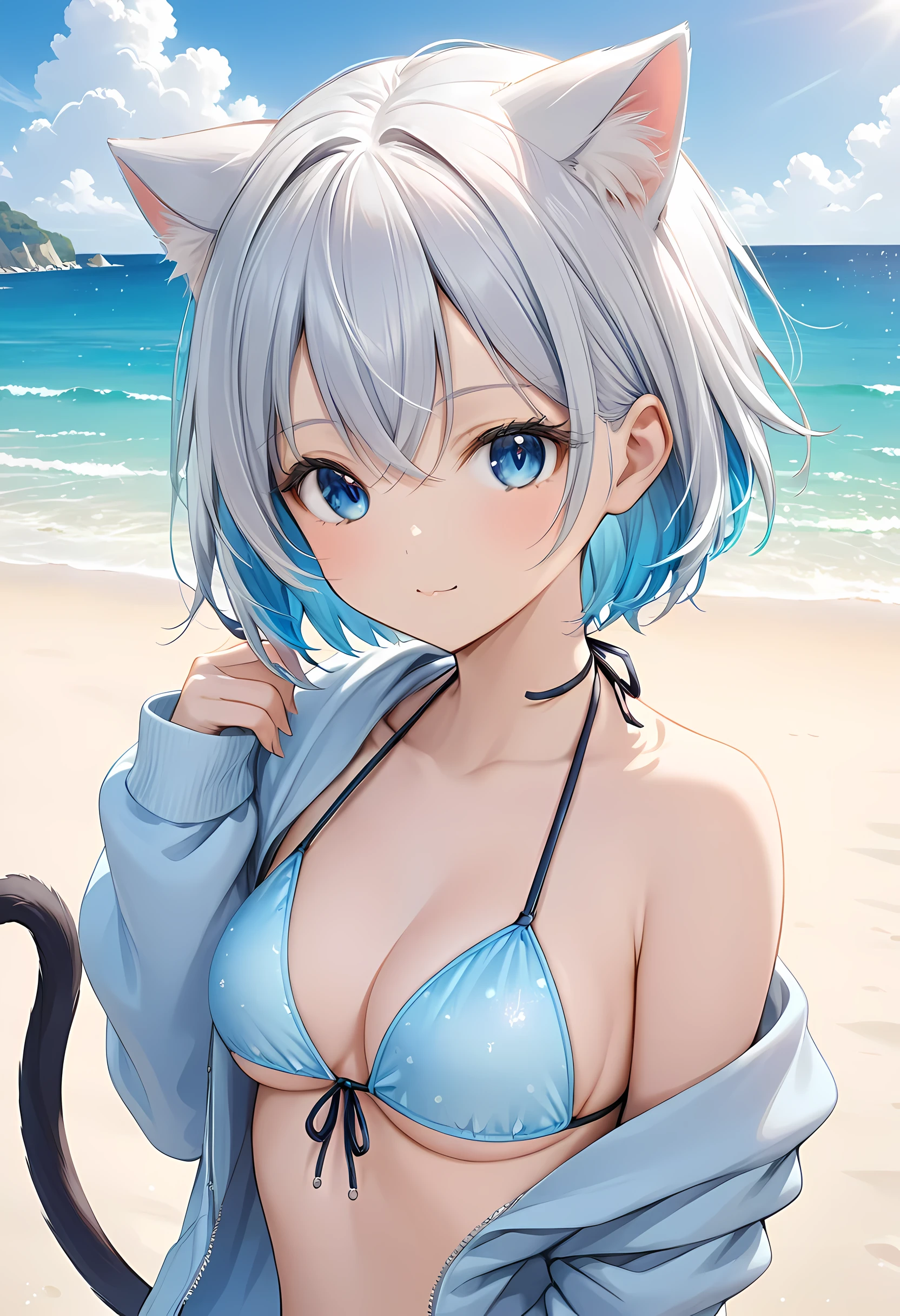 girl、1girl、:3、animal ears、blue eyes、blue hair、Cat ear、closed mouth、hair between eyes、look at the audience、short hair、Silver hair, light blue inner hair、hoodie,Upper body,cat tail,model pose,bikini,bikini,beach,sunny disposition
