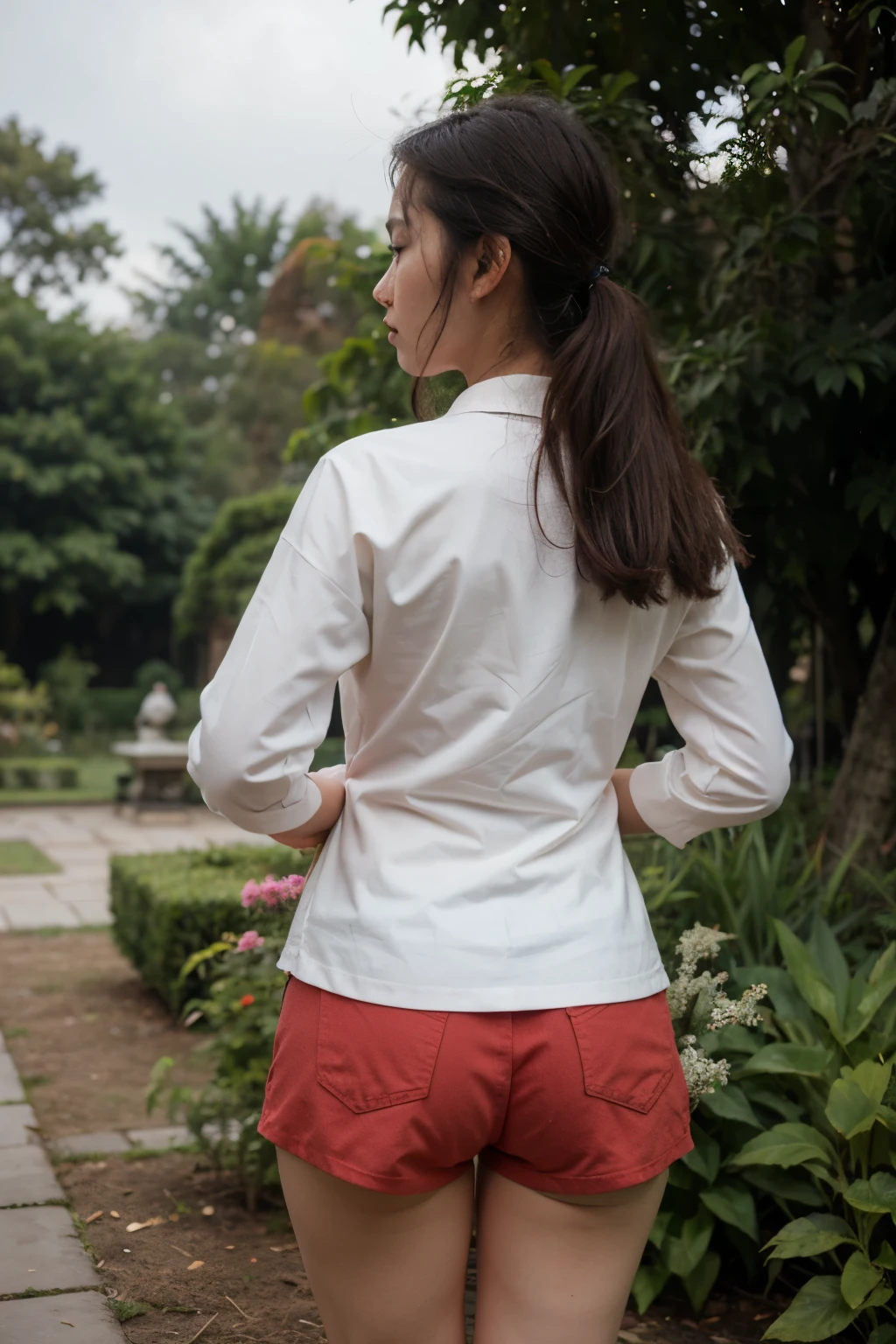 ((best quality)), ((masterpiece)), (detailed), a woman, wearing red bà ba shirt, standing in a garden, view from back, Vietnamese woman, sadness