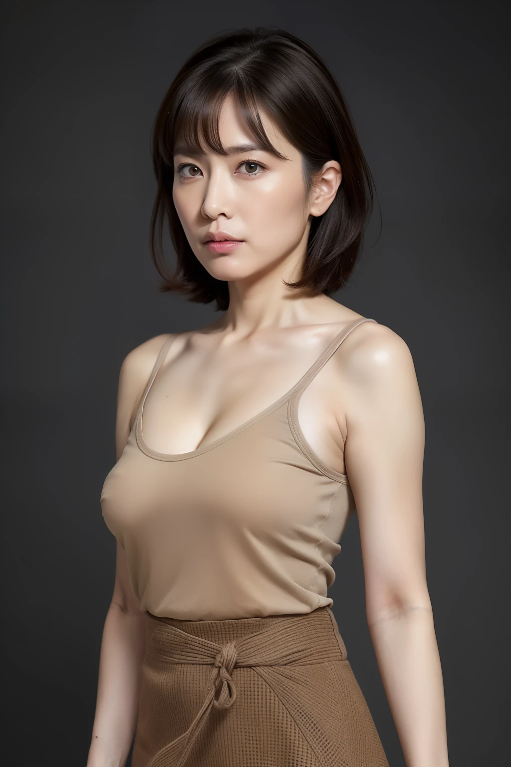 Ultra - High resolution, masterpiece, rough skin, very detailed, Photoreal, professional lighting, Depth of bounds written, sharp, 
gray background, (japanese mature, 38 year old male sexy, detailed face, beautiful eyes, bangs, good shape small breasts, light brown straight hair, faint lips, ((stand in front、look at the viewer, serious face eyes.)), theta, skirt, full body photo, cowboy shot