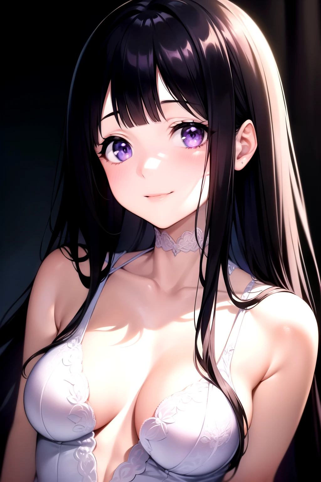 (A superb exquisite Chitanda Eru), (adult face), solo, intricate details, (finely detailed beautiful eyes: 1.2), purple eyes, long black hair, natural straight hair, straight bangs, solo, [Small_breasts: large_breasts: 0.5], normal breasts, extremely delicate, peerless beautiful girl, dreamy quality, exaggerated facial features, solid color, delicate face, bright lips, slender waist, straight curves, super fine, [8K full HD], (masterpiece:1.4), (((timid smile, seductive, erotic, sexy, portrait)))
