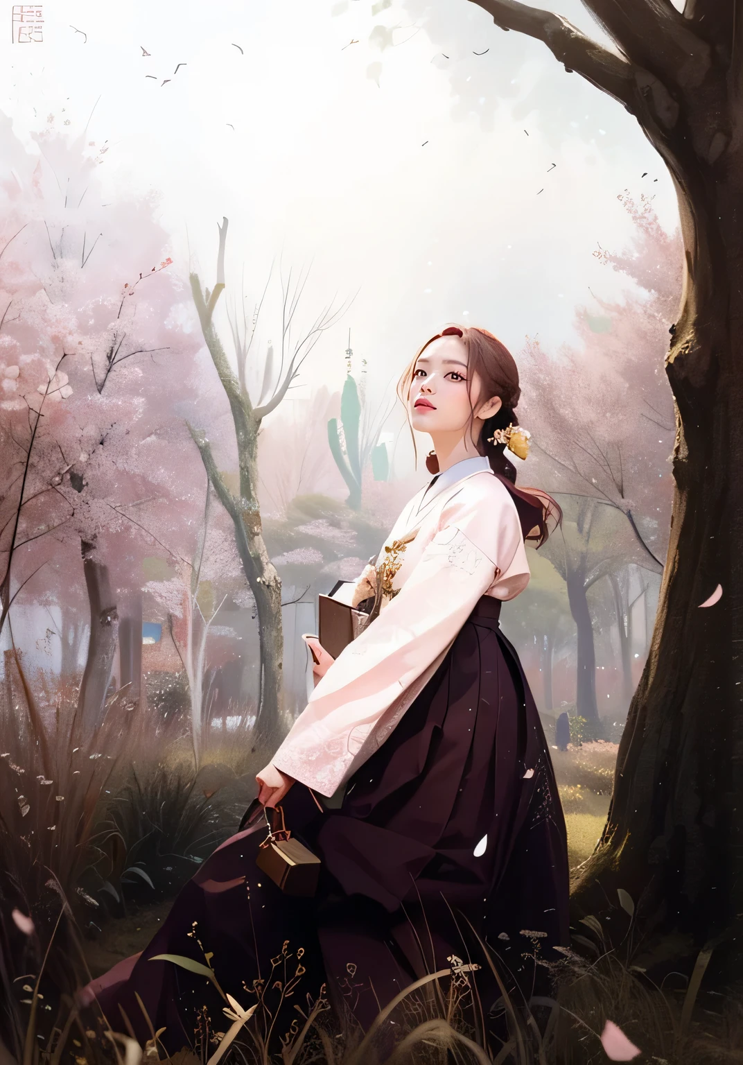 Illustration of a woman standing in the grass under a tree, beautiful painting painting, beautiful character drawings, Inspired by Shin Saimdang, Inspired by Shin Yun-bok, Jinyoung Art, Works inspired by Yoon Du-seo, inspired Produce: Jeongseon, Produce: Jeongseon, Inspired by Sima Jeong, Palace ,((light pink skirt)),((he is a book))girl wearing