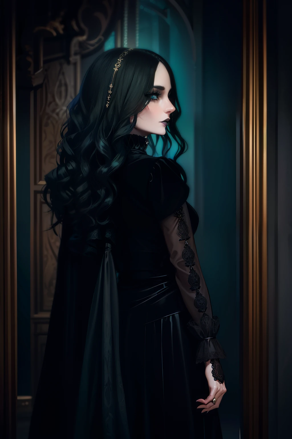 In the enchanting town of Salem, a channel hair witch with emerald-green eyes that possessed a mystical luminescence was preparing for an important gathering at her coven. Her modelesque face, adorned with dark, dramatic make-up, perfectly complemented her gothic style clothing. With her raven-black hair cascading down her back in thick, glossy waves, she exuded an undeniable allure.
As she stood in front of the full-length mirror, adjusting the intricate details of her gothically inspired attire, the witch couldn't help but feel a sense of pride. Her outfit, a revealing yet tasteful velvet