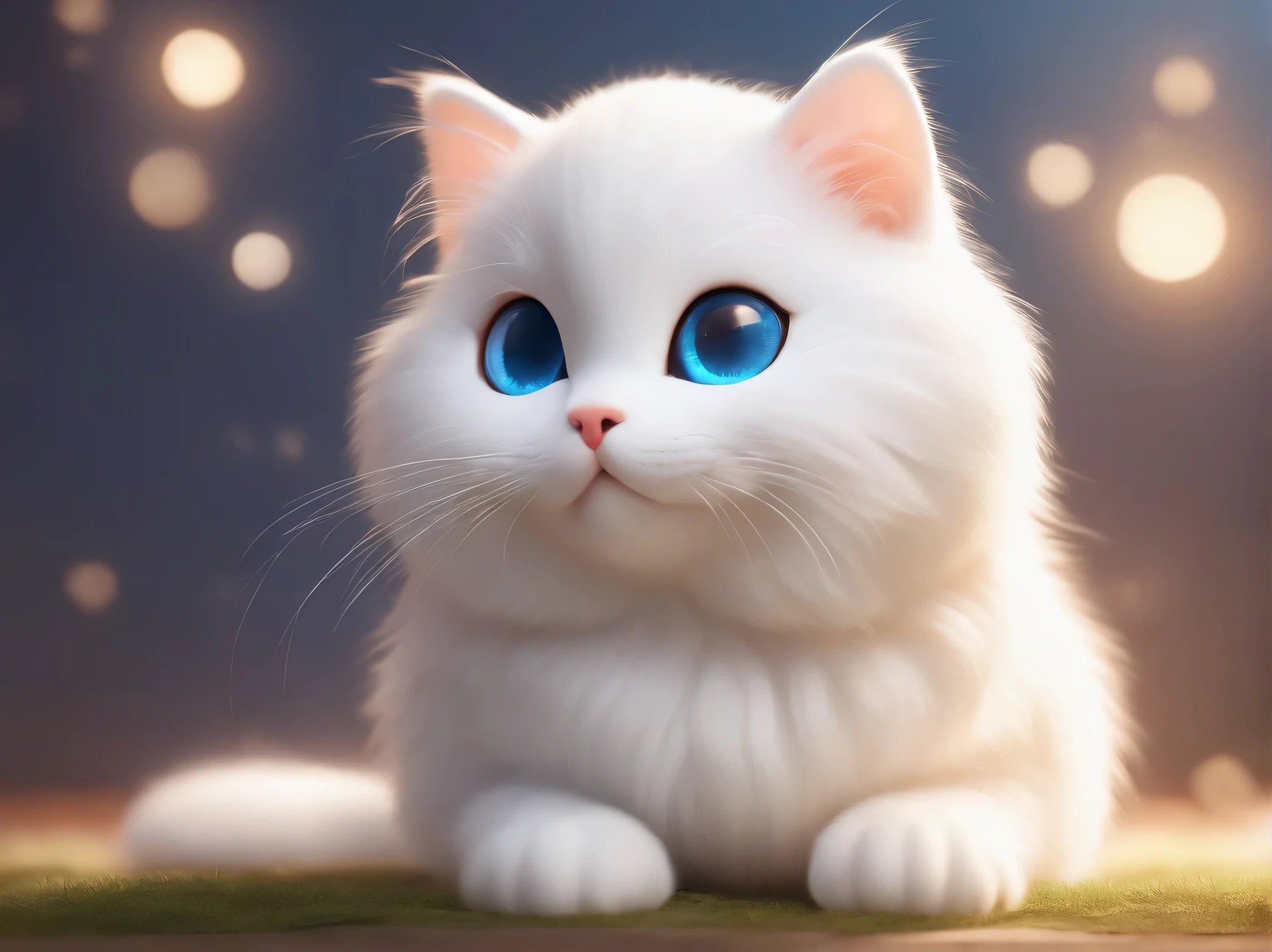 Cute little surreal pure white cat, blue eyes, chibi, Super fluffy and cute, logo design, comics, Cinema-level lighting effects, Attractive 3D vector art, Cute and quirky fantasy art, Bokeh, Hand Painted, number, Under soft light, Isometric风格, 4K, photorealistic rendering, Very detailed and clean, vector image, A lifelike masterpiece, Professional photos, simple space background, Flat white gradient background, Isometric, Vibrant vector, Sakura background