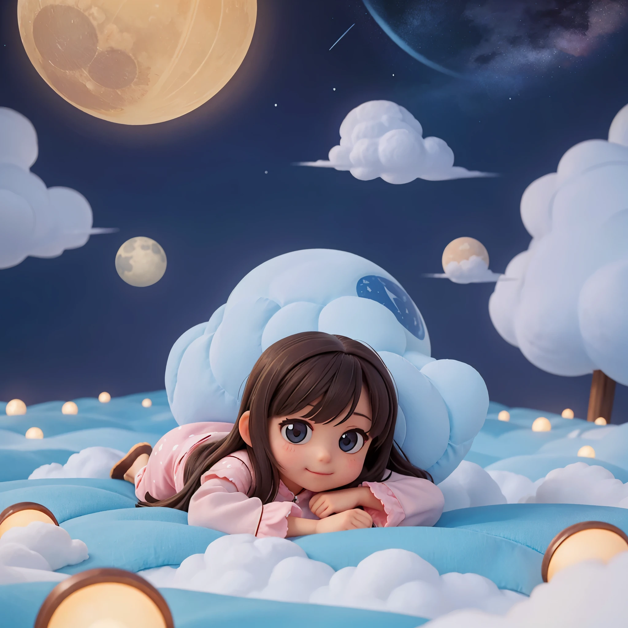 a cute  girl，Wearing cute pajamas，covered with quilt，Lying on the clouds，Happy and comfortable，The background is the earth，in the evening，Surrounded by stars and clouds，There are moons，Gentle and comfortable atmosphere，