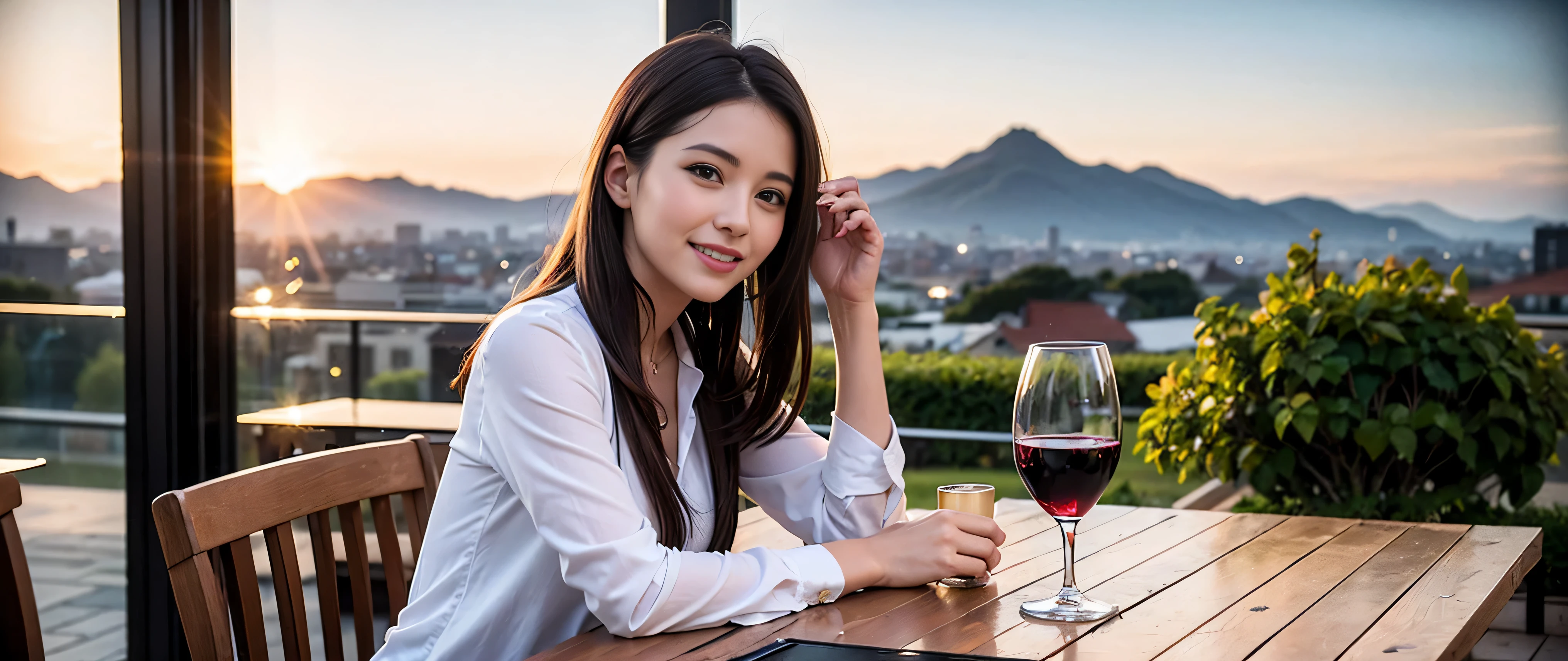 K, Hmm, highest quality, masterpiece: 1.2), (realistic, photorealistic: 1.37), Spectacular view of the sunset sky and clouds、Amazing mountain views、3 slim beauties, (slim face),Happy、 the best smile、Fox face、Berry Short、(because I&#39;thin), (brown hair), (shortcut), long sleeve shirt、winter fashion、Colombian、Brazilian、Japanese、Dutch、German、Portuguese、Belgian、Italian、French,Champagne、sparkling wine、 (squirt), (slim body), (brown hair), (shortcut), neat beauty、cheeks turn a little red, (35 years old), 38 years old, alone, A beautiful and detailed night view spreads out outside the window....., restaurant, wine glass is sitting, At night, in a prominent place (from the Upper body) nova frog style, actress, model, Upper body, White wine, slim, wine glass, Very beautiful night view, wine glass Put in the Middle, Happy smile, (smile: 1.15), 