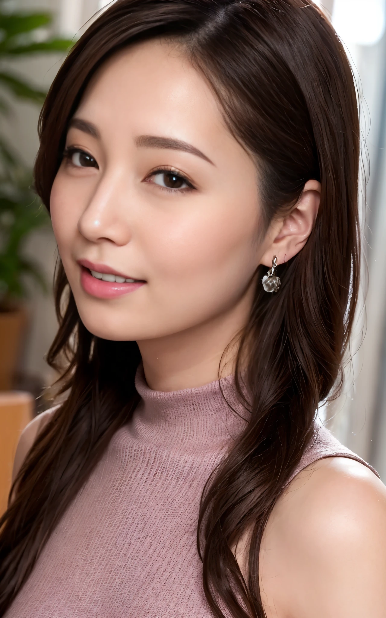 Highly detailed CG Unity 8k wallpaper, top quality, super detailed, masterpiece, realistic, photo realistic, (upper body:1.2), very detailed cute girl, 25 years old, huge breasts:1.2, purple high-neck dress, sleeveless dress, gorgeous, make up:1.5, earings, (forehead, long hair), soft lighting, wind, shiny skin, looking at viewer, smile, closed mouth,