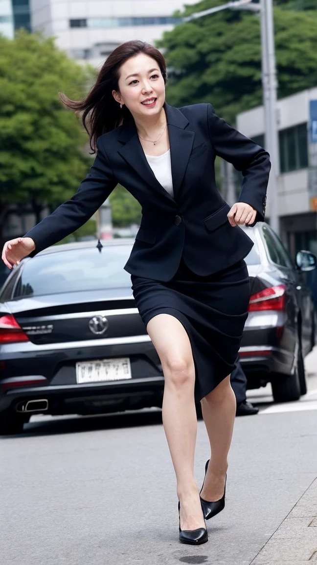 highest quality、masterpiece、ultra high resolution、(realistic:1.4)、downtown Tokyo、woman、Running Stance、full speed force、serious expression、beautiful woman、business suit、skirt、handbag、high heels