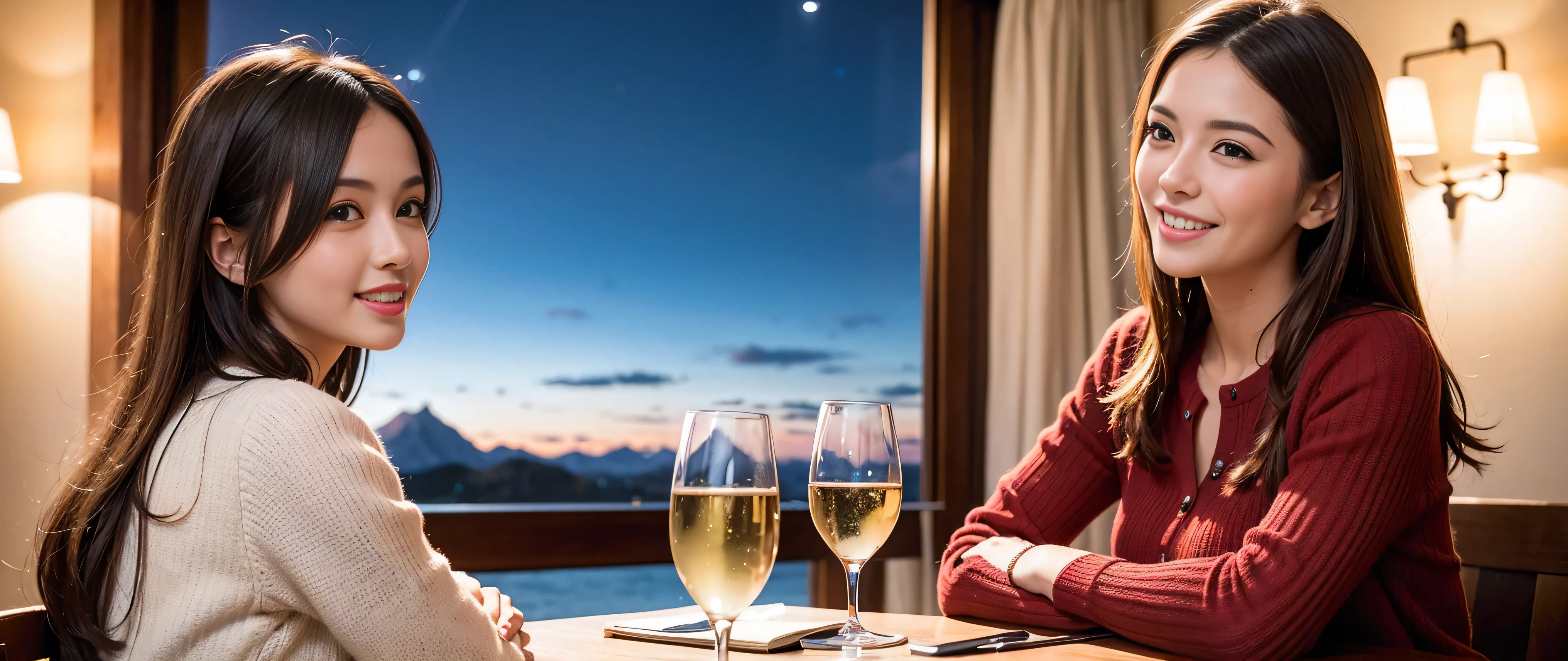 K, Hmm, highest quality, masterpiece: 1.2), (realistic, photorealistic: 1.37), Spectacular view of the sunset sky and clouds、Amazing mountain views、3 slim beauties, (slim face),Happy、 the best smile、Fox face、Berry Short、(because I'thin), (brown hair), (shortcut), long sleeve shirt、winter fashion、Colombian、Brazilian、Japanese、Dutch、German、Portuguese、Belgian、Italian、French,Champagne、sparkling wine、 (squirt), (slim body), (brown hair), (shortcut), neat beauty、cheeks turn a little red, (35 years old), 38 years old, alone, A beautiful and detailed night view spreads out outside the window....., restaurant, wine glass is sitting, At night, in a prominent place (from the Upper body) nova frog style, actress, model, Upper body, White wine, slim, wine glass, Very beautiful night view, wine glass Put in the Middle, Happy smile, (smile: 1.15),