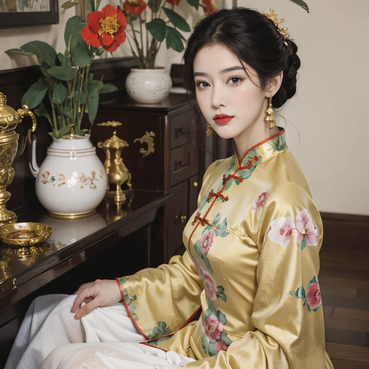 oil painting'huile'huile \\ (Detailed cheongsam, porter un cheongsam, of the highest quality, best quality, Art officiel, Belle gourmandise, belle femme, femme de 27 ans: 1.2) Put your arms back , belle femme chinoise ,visage magnifique, aguicheuse, assise, white and gold cheongsam, cheveux longs