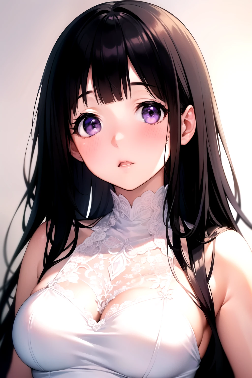 (A superb exquisite Chitanda Eru), (adult face), solo, intricate details, (finely detailed beautiful eyes: 1.2), purple eyes, long black hair, natural straight hair, straight bangs, solo, [Small_breasts: large_breasts: 0.5], normal breasts, extremely delicate, peerless beautiful girl, dreamy quality, exaggerated facial features, solid color, delicate face, bright lips, slender waist, straight curves, super fine, [8K full HD], (masterpiece:1.4), (((blush, portrait)))
