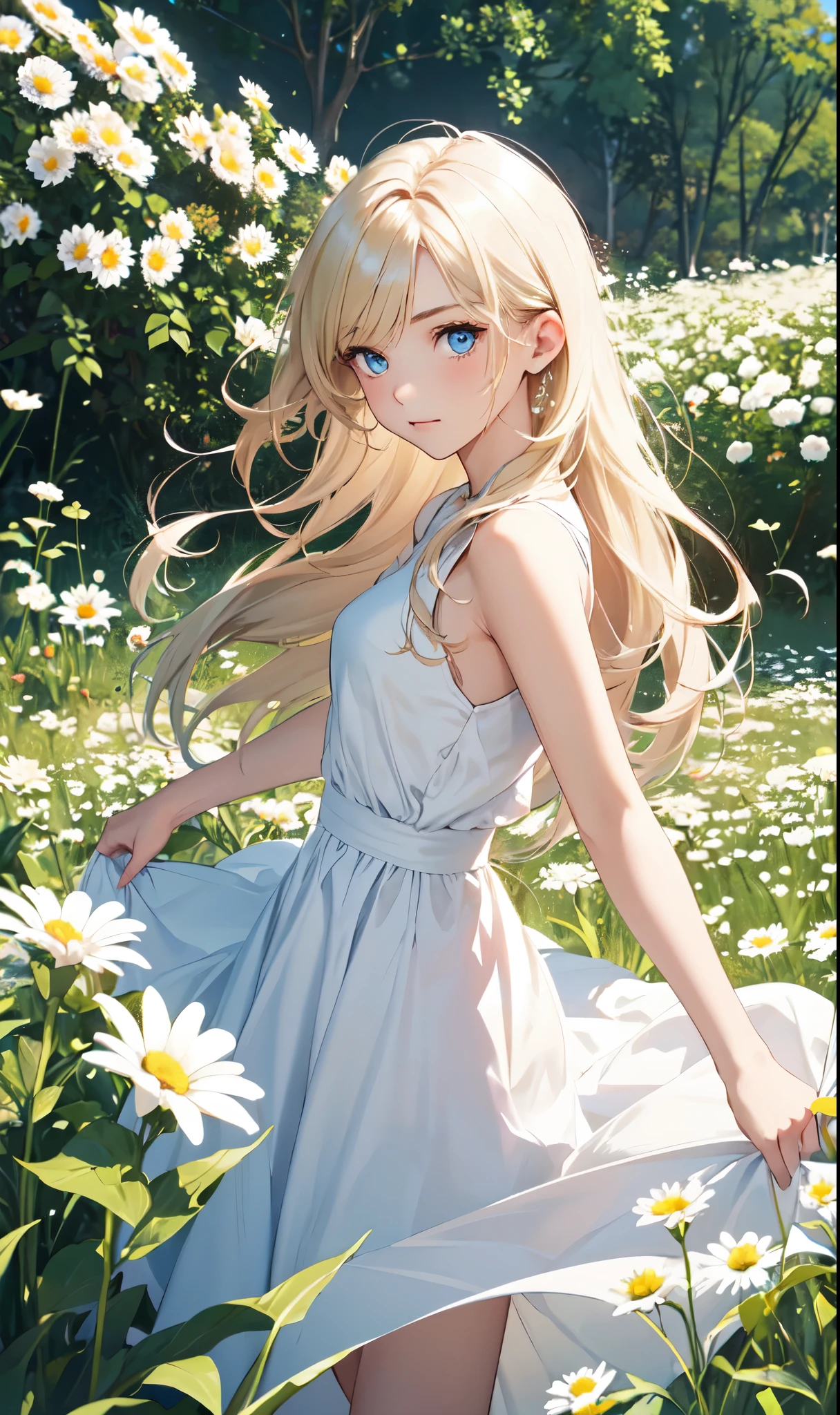 1girl,in a field of flowers,white flower,looking at viewer,blue eyes,blonde hair,daisy,long hair,pure white dress,