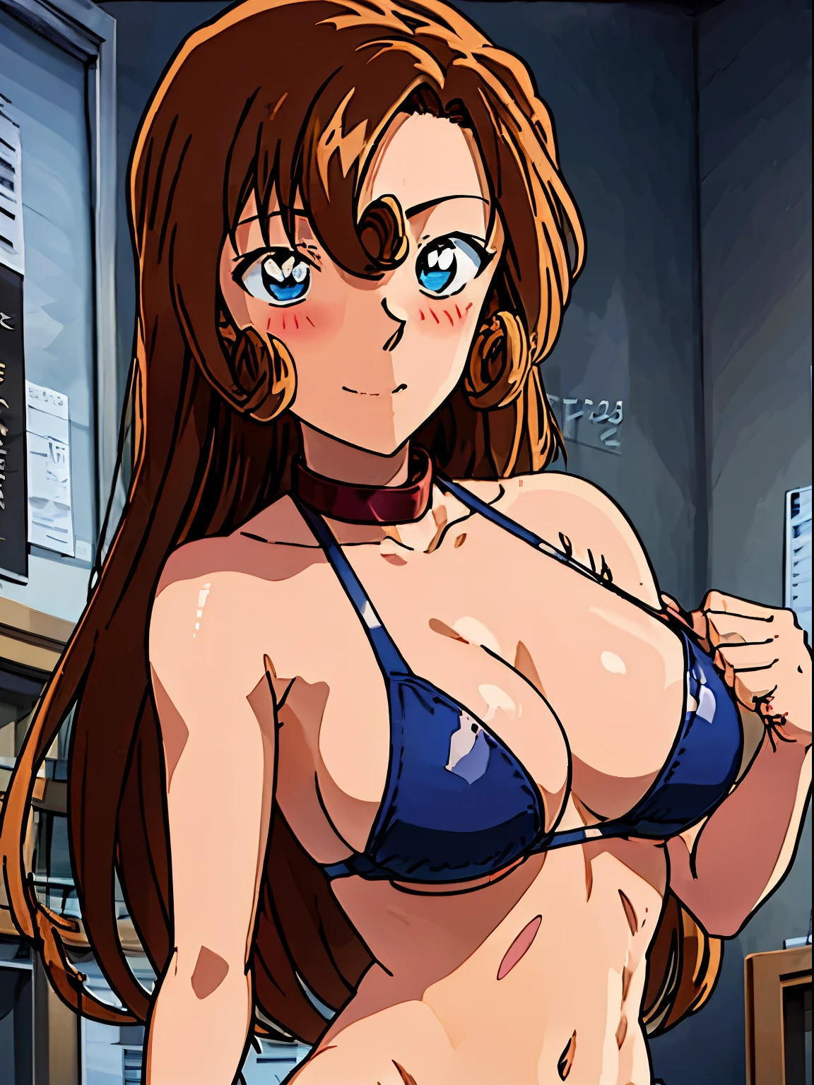 1 girl, behind view, cowboy shot, ultra detailed face, best quality, anime style, hires, highest definition, digital blending, bold drawing lines, ((weak body, female wrestler), (slender body), mature woman, milf, (wrestling gear, collar band), victorious, gorgeous, winner, not blushing, (pale skin, shiny skin, lighting and shadow), (cleavage), (clean face), (warming up), closed fists, (brown, curly hair, long hair, curly bangs), 37 years old,