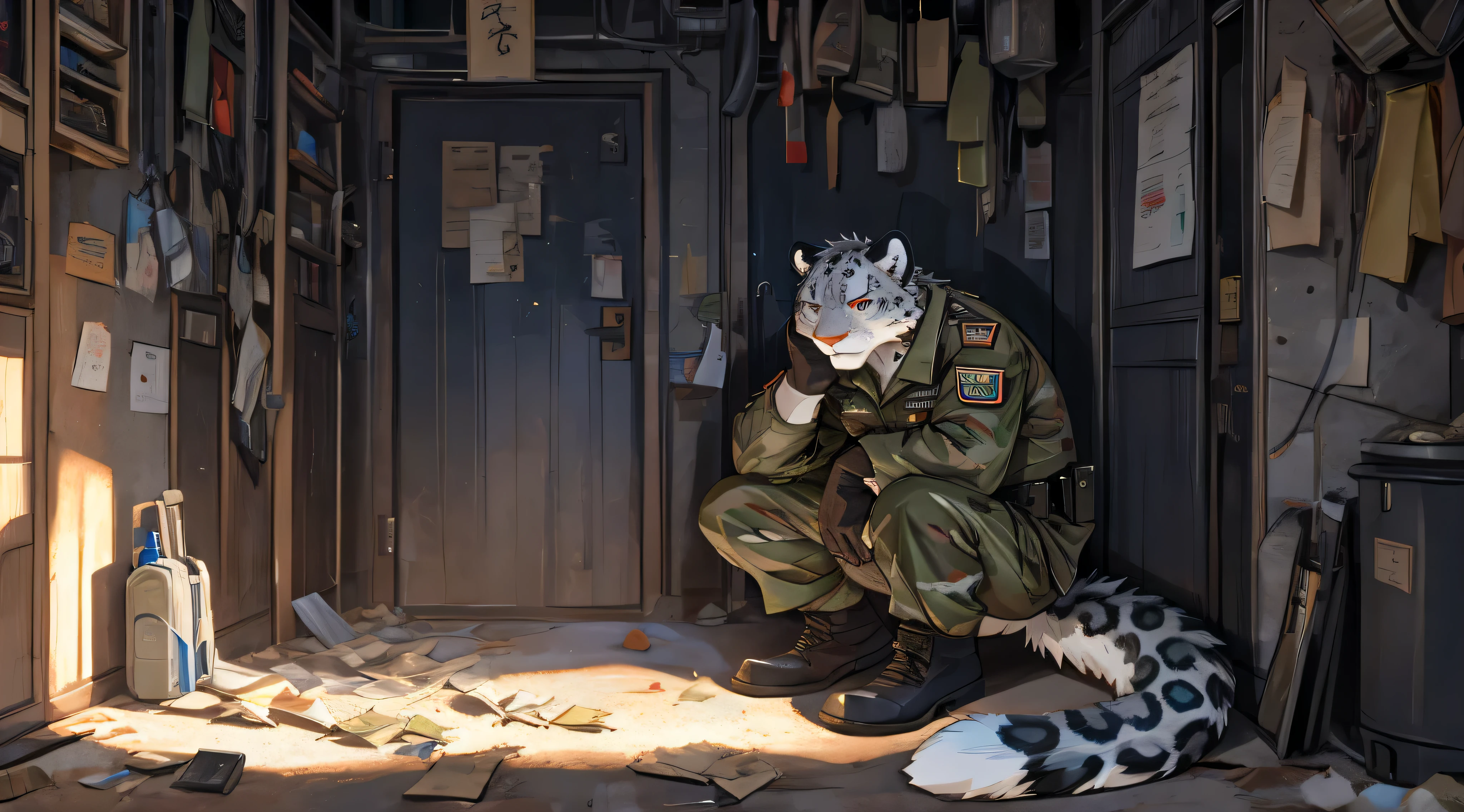 A male snow leopard,My uniform is torn,eyes are red。Serious expression,Hide in a corner,Prevent others from finding you