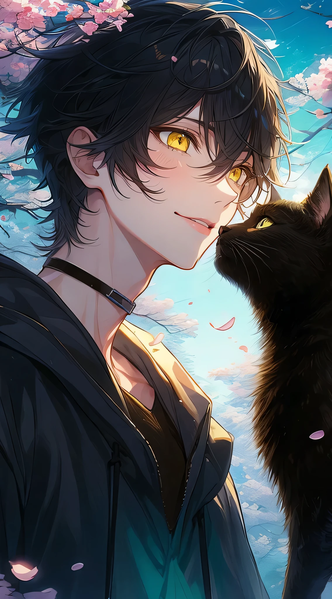 beautiful young man, black hair, yellow eyes, Almost kissing a black cat, smile, cherry tree in the background, blue sky, pink petals, sunlight filtering through the trees,high quality,Amount to draw, pixiv illustration