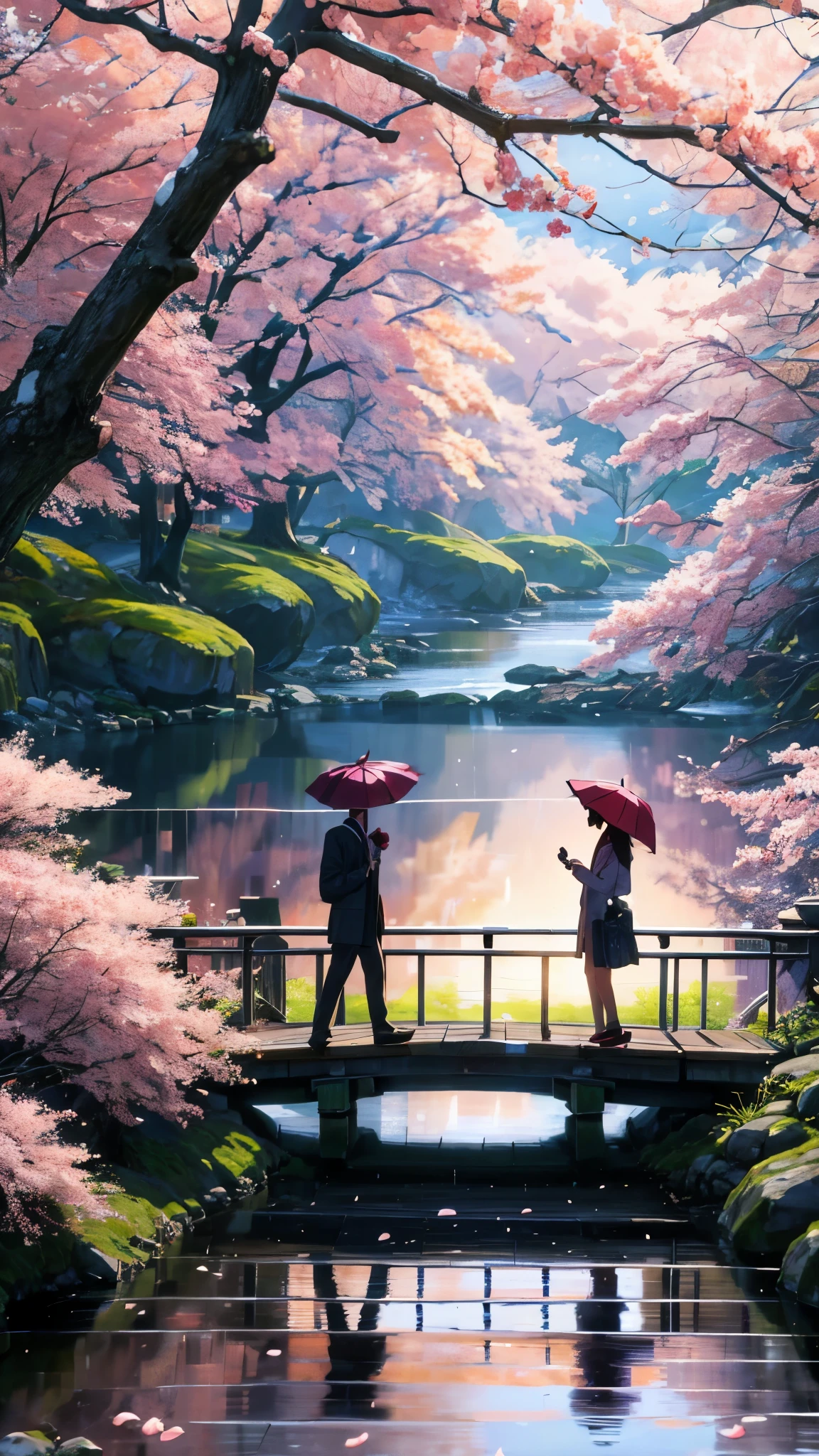 Two high school students, a boy and a girl, are standing on a wooden bridge that spans a tranquil stream. Cherry blossom petals drift gently on the breeze around them, creating a picturesque scene. The boy is holding an open umbrella over their heads, shielding them from a light spring rain. They are smiling at each other, enjoying the moment despite the weather. Behind them, a row of cherry blossom trees lines the banks of the stream, their branches heavy with delicate pink blooms.
