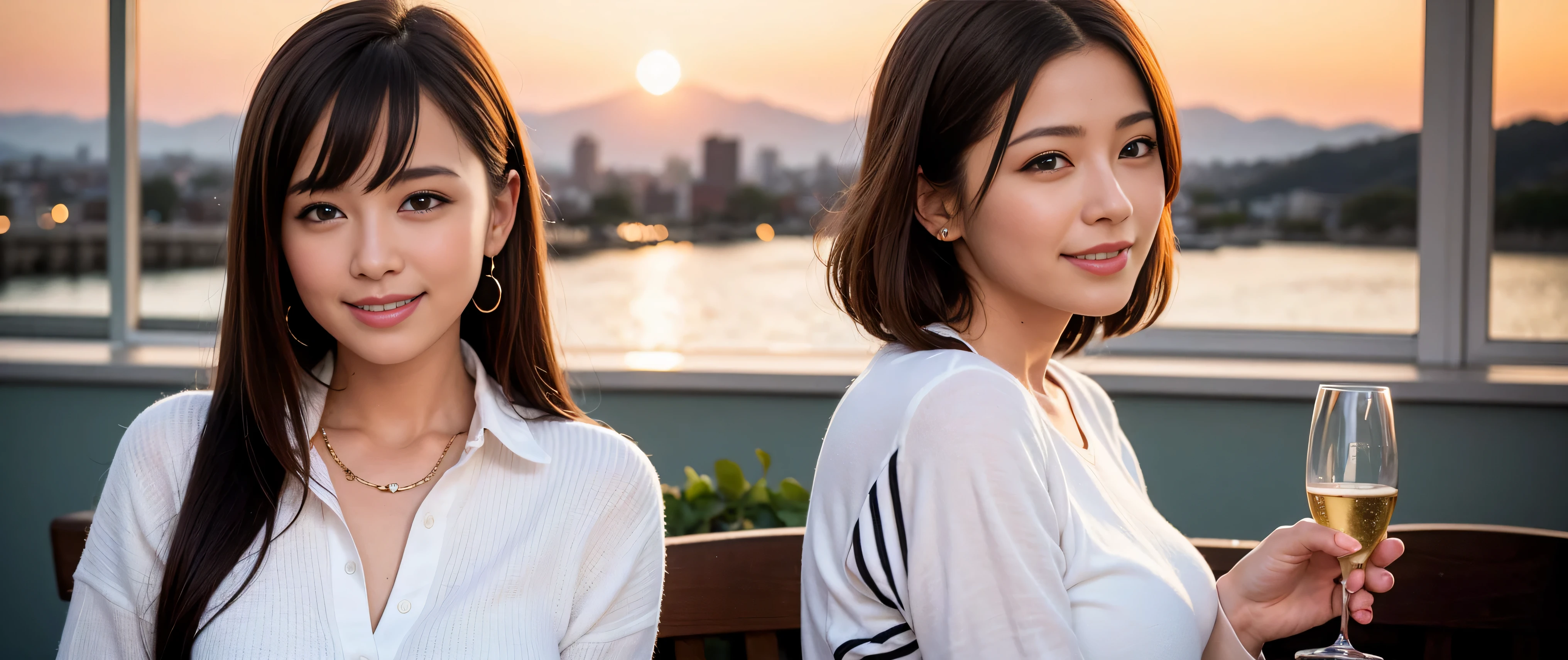 K, Hmm, highest quality, masterpiece: 1.2), (realistic, photorealistic: 1.37), Spectacular view of the sunset sky and clouds、Amazing mountain views、slimな美女3名, (slimフェイス),Happy、 最高なsmile、Fox face、Berry Short、(because I&#39;thin), (brown hair), (shortcut), long sleeve shirt、winter fashion、Colombian、Brazilian、Japanese、Dutch、German、Portuguese、Belgian、Italian、French,Champagne、sparkling wine、 (Squirting), (slimボティ), (brown hair), (shortcut), neat beauty、cheeks turn a little red, (42 years old), 38 years old, alone, A beautiful and detailed night view spreads out outside the window......., restaurant, wine glassが座っている, At night, in a prominent place (from the Upper body) nova frog style, actress, model, Upper body, White wine, slim, wine glass, Very beautiful night view, wine glass Put in the Middle, Happy smile, (smile: 1.15), 