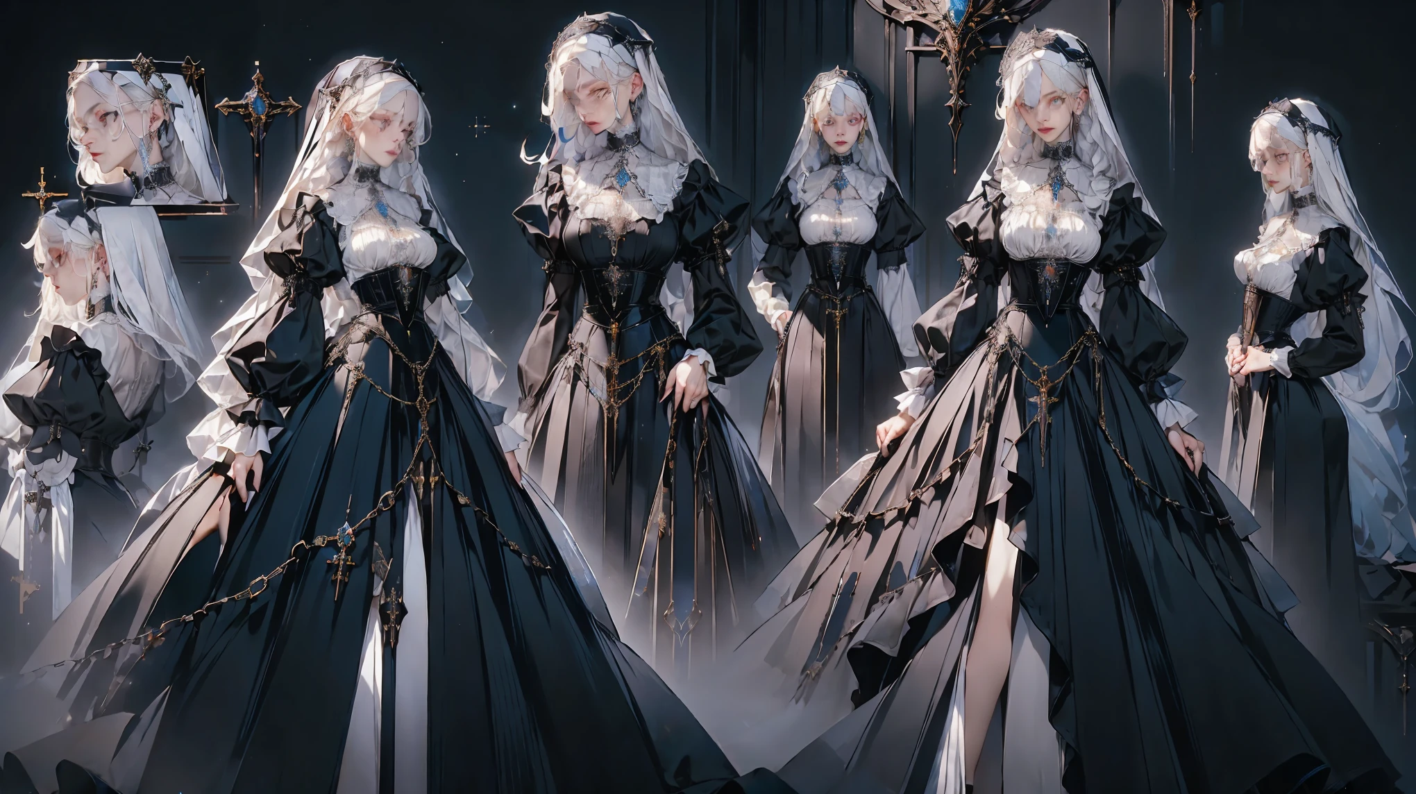 (masterpiece, best quality:1.3), 1 lady, white hair, light blue pupils，beautiful and clear eyes，in the clothes of a nun，short skirt，High slit，Black gothic leather belt，Metal fittings, detailed, gem, victorian dress, horror element，dark style，text, concept