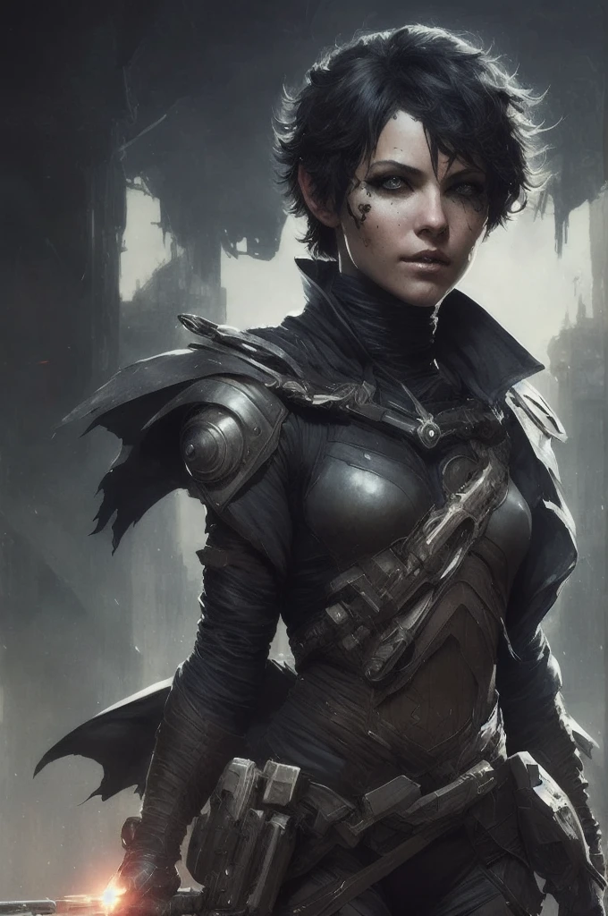 sci-fi, space rogue thief girl, (smirk:1.1), short hair, black hood, light armor, big grey eyes, beautiful detailed eyes, messy make-up, drawn by Greg Rutkowski, Yoji Shinkawa:0.6