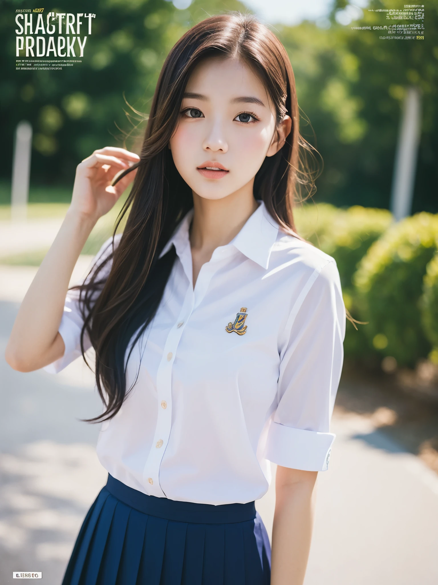 Beautiful girl magazine cover,JK school uniform,bright picture,Real skin texture,Realistic ray tracing,True light reflection,8k,masterpiece,Super fine,Film effect,grainy,Realism