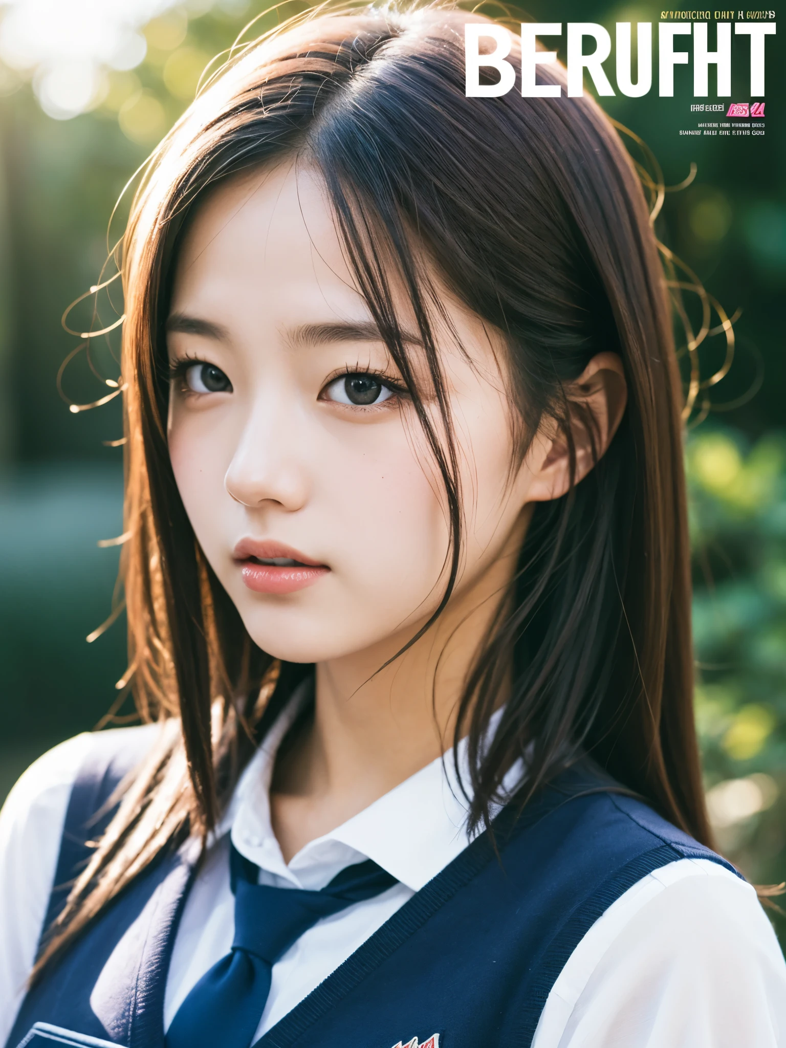 Beautiful girl magazine cover，JK school uniform，bright picture，Real skin texture，Realistic ray tracing，True light reflection，8k，masterpiece，Super fine，Film effect，grainy，Realism