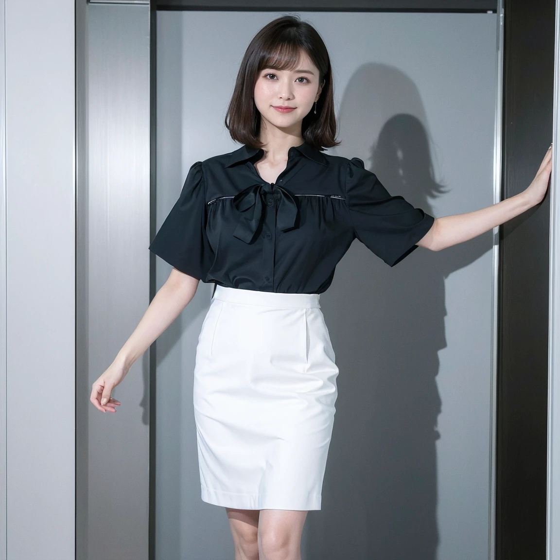 ((highest quality、8K、masterpiece:1.3))、Photoreal, sharp focus, High level image quality, High resolution, portrait, alone, Japanese, woman, きれいなwoman, sexy, short sleeve business blouse、Skirt above the knee、elevator、looking back、elegant、 23 years old, semi-long、smile