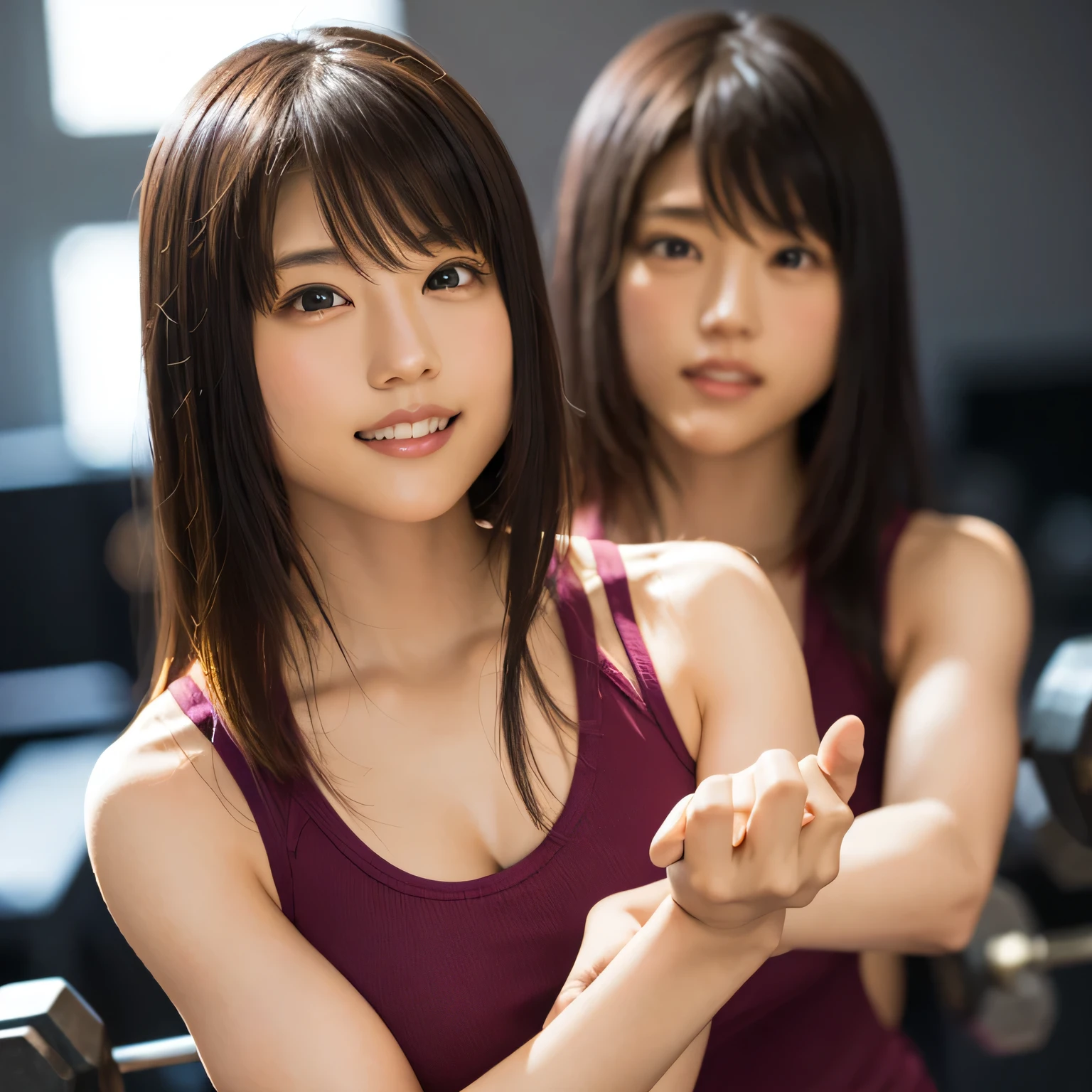 beautiful identical twin sisters、(8K、Raw photo、highest quality、masterpiece:1.2)、(realistic、Photoreal:1.37)、Super detailed、超A high resolution、1 girl、There is a genuine uneven frame.、Kasumi Arimura、see the beholder、Beautiful and dense face、smile、narrow、(Muscular style) :1.3)、gymnastics、beautiful and smooth skin、skin texture、professional lighting、Full body Esbian、I'Iは筋トレをしています.....、(muscular body)、Hold dumbbells