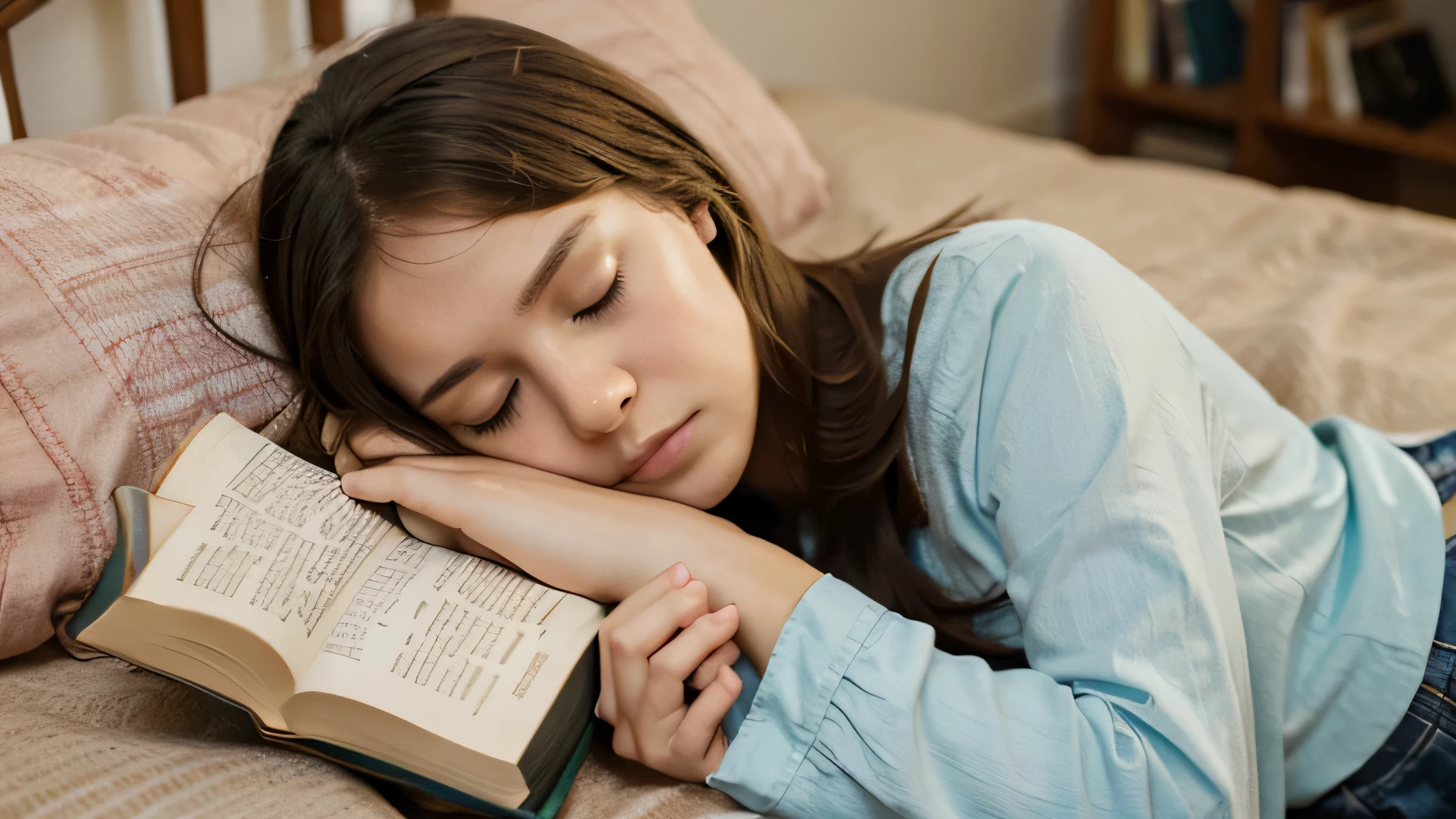 A girl reading a book，but fell asleep