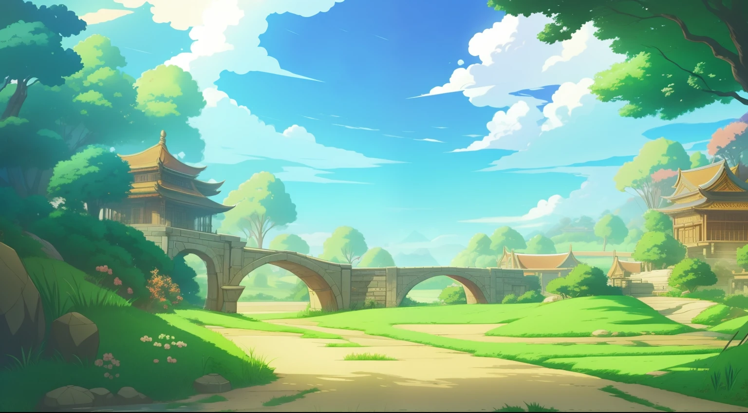 cartoon illustration of a beautiful ,Burning battlefield,burning,garden ,flame,Gunpowder smokewith a bridge and a house,Chinese architecture , anime background art, background art, anime background, anime countryside landscape, anime landscape wallpaper, background artwork, anime scenery concept art, colorful anime movie background, anime landscape, beautiful anime scenery, park background, highschool background, anime movie background, arena background, anime scenery, detailed scenery —width 672