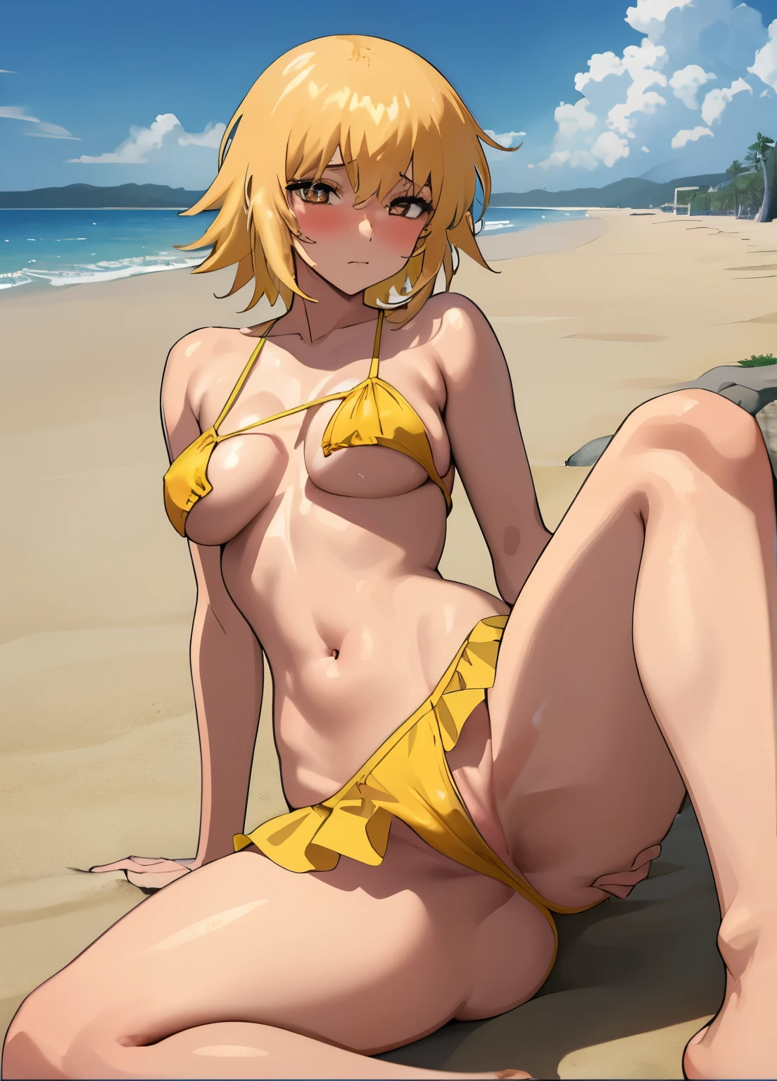 (masterpiece), cagalli, cagalli yula athha, 1girl, gundam, yellow hair, brown eyes, blonde pubic hair, sexy bunny costume, female genitalia, nipples, beach, beautiful body, wet panties, see through panties, embarrassed, blushing, beautiful round ass, ass facing viewer, anus, asshole, pissing on the sand, piss squirt, wet body, beautiful breasts, round breasts, spreading legs, sitting on the sand, lustrous skin which looks especially stunning against the backdrop of a beach, anime style,
