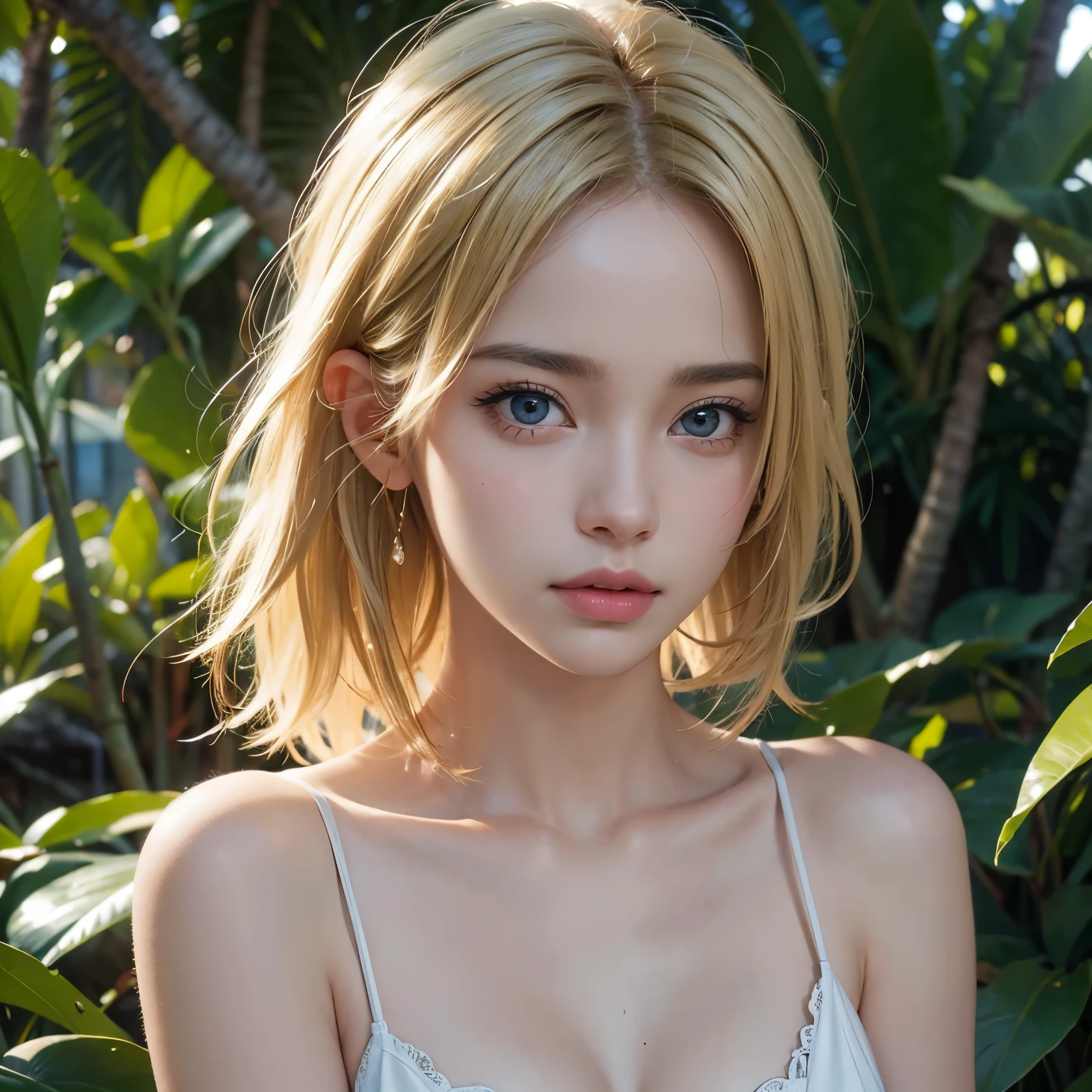 (realistic,photorealistic,photo-realistic:1.37),ultra-detailed,high-res,masterpiece:1.2,ultra-fine painting,professional,vivid colors,sharp focus,HDR,UHD,studio lighting,portrait,beauty,blonde hair,short-length hair,ethereal,raw,natural,gorgeous,expressive eyes,pouty lips,tropical paradise,Bali,serene expression