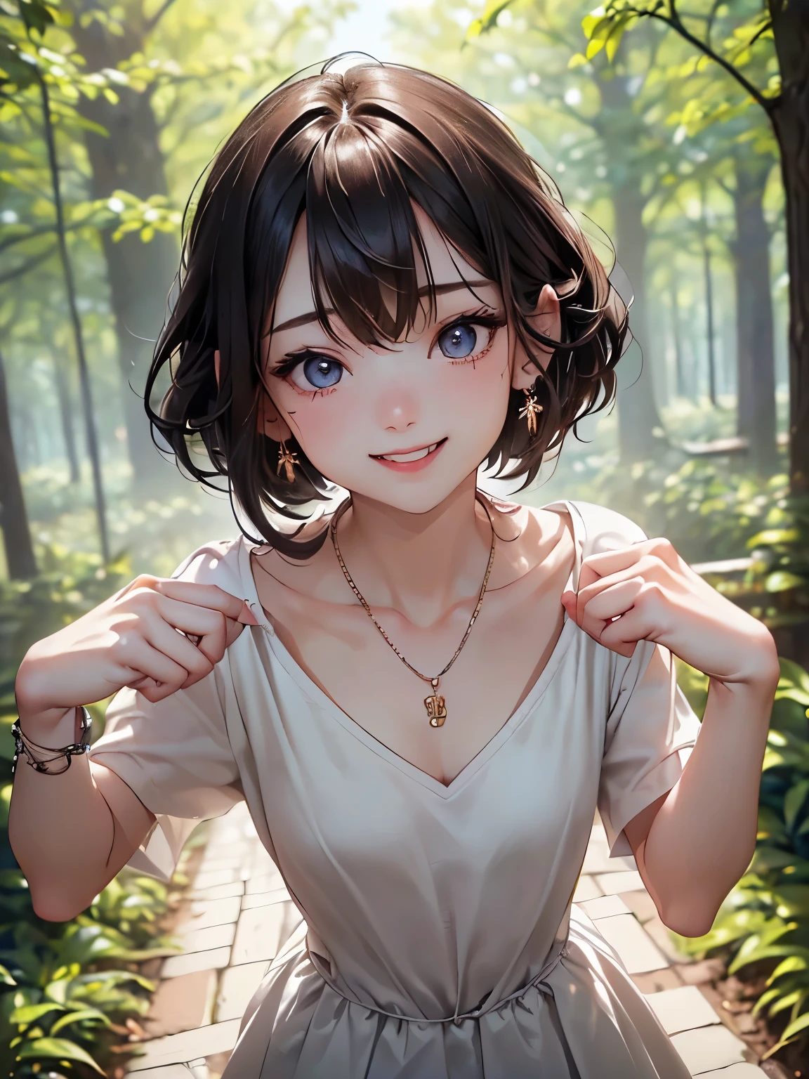 UHD,super detail, best quality,Cute and beautiful anthropomorphic koala girl with brown curly bob hair wearing a heart shaped choker in a beautiful flower field

