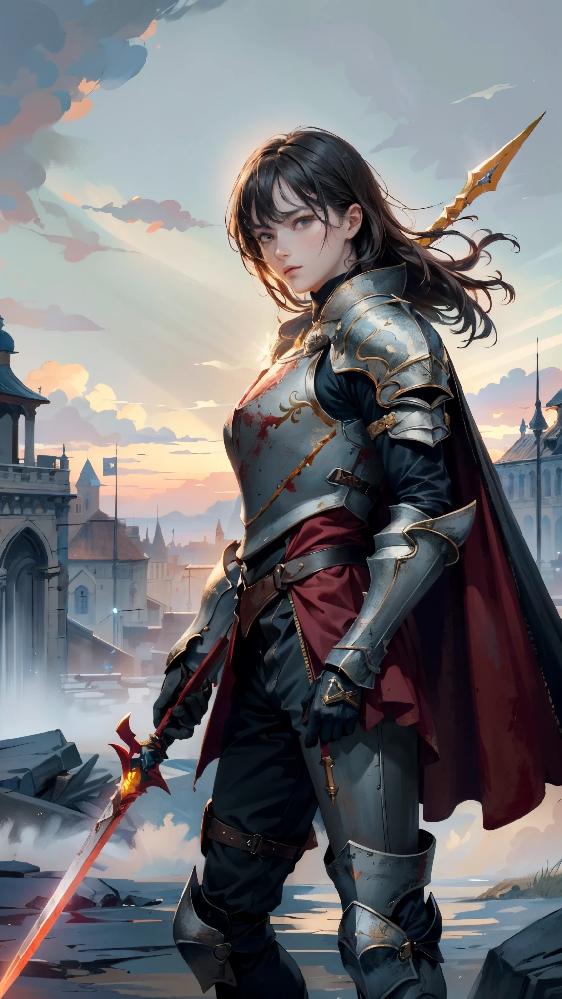 (highest quality,4k,8k,highres,masterpiece:1.2),ultra-detailed,realistic,portrait,sharp focus,physically-based rendering,professional,medieval knight,holy paladin,young male knight,detail-oriented armor,exhausted warrior,cape,battlefield ambiance,glowing sword,vibrant colors,soft sunlight,subtle shadows, action pose, armor in blood