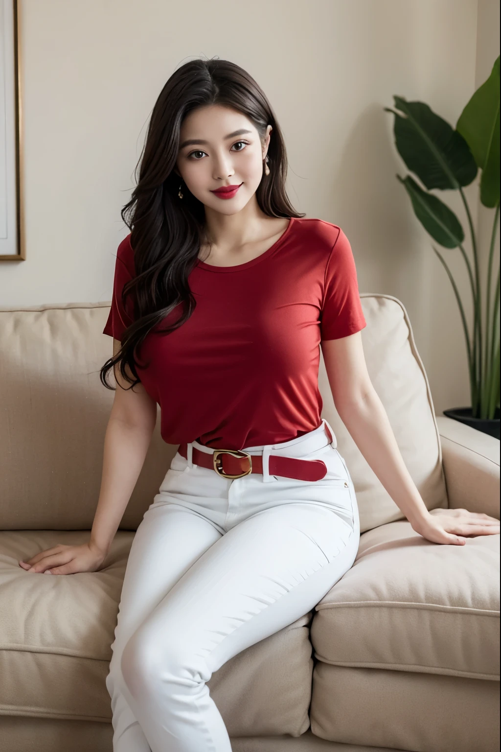 Draw lips correctly, red lipstick, from chest up, best quality, Super detailed, lifelike, Super fine skin, perfect anatomy, (1 日本Mature的女人), (alone)，Wear a red crew neck shirt，short sleeves，white jeans，black belt，
wavy long hair，37-year-old female，Mature，charming smile，indoor background：Luxurious large sofa、flower，stand，Leg length，Chubby，Big breasts，stand up，full-body shot