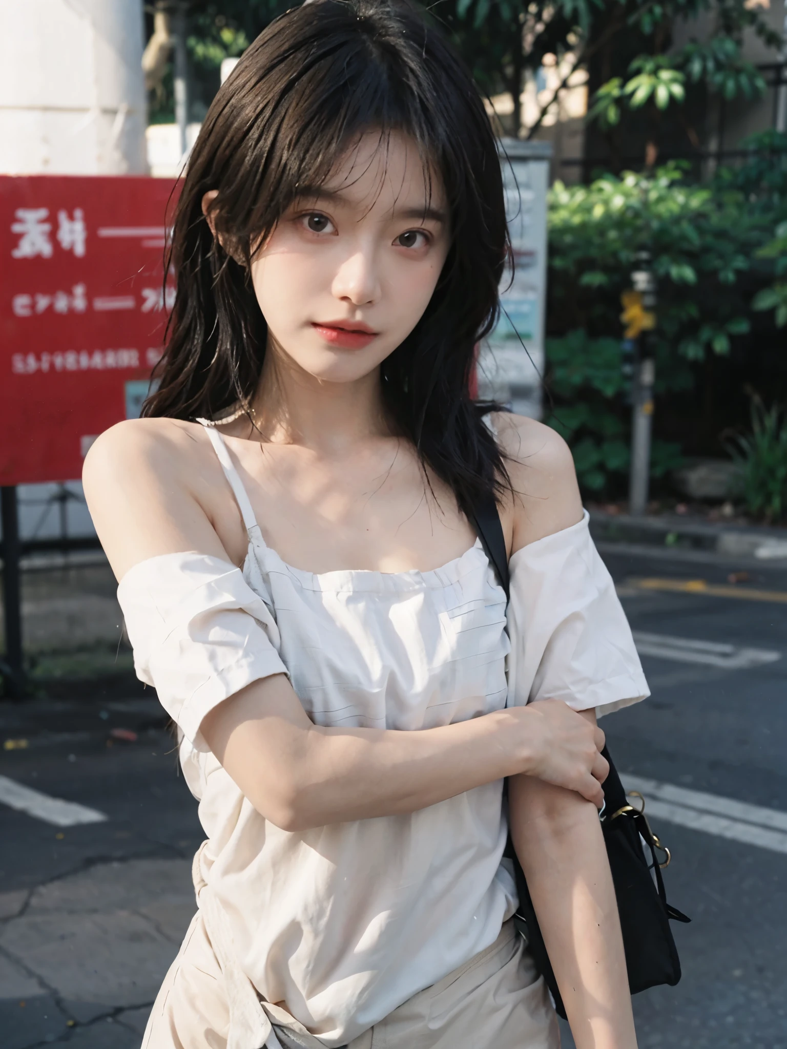 ((best quality, 8K, masterpiece: 1.3)), sharp: 1.2, Perfect body beauty: 1.4, Slim abdominal muscles: 1.2, ((Layered Hairstyle, :1.2)), (White Button Short Sleeve Shirt: 1.1), (street: 1.2), wet: 1.5, Highly detailed face and skin textures, Beautiful eyes, Double eyelids, Looking at the camera