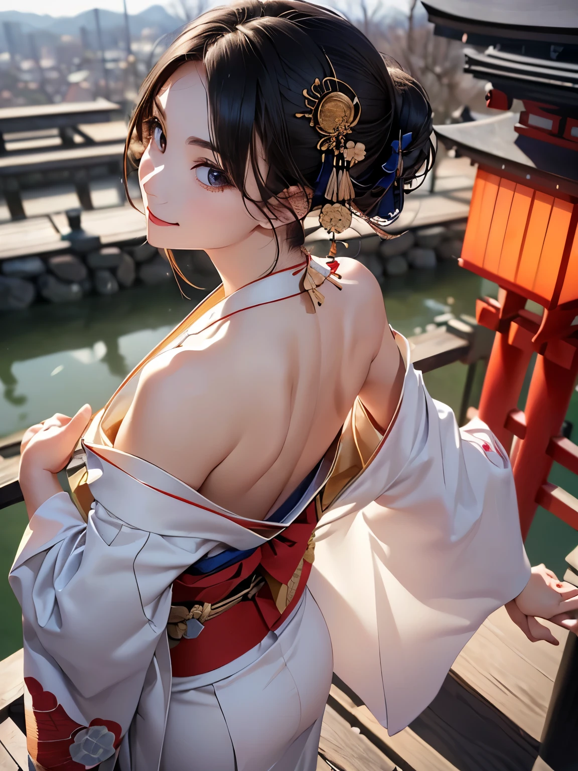 ((Biologically correct number of limbs))、((full body shot, Full body photo including face、head to toe photo))、standing position、[NSFW]、4K、masterpiece、((focus on the face))、((Symmetrical facial features))、Eyes of minute description、Beautiful woman、outstanding style、beautiful clavicle、beautiful legs、(small ass、thin thighs）、(high heels）、Detailed depiction of faces、small earrings、necklace、Close-up photo of the upper body、(kimono）、Scenery of Kyoto on holiday morning、A happy smile、buckshot、back view