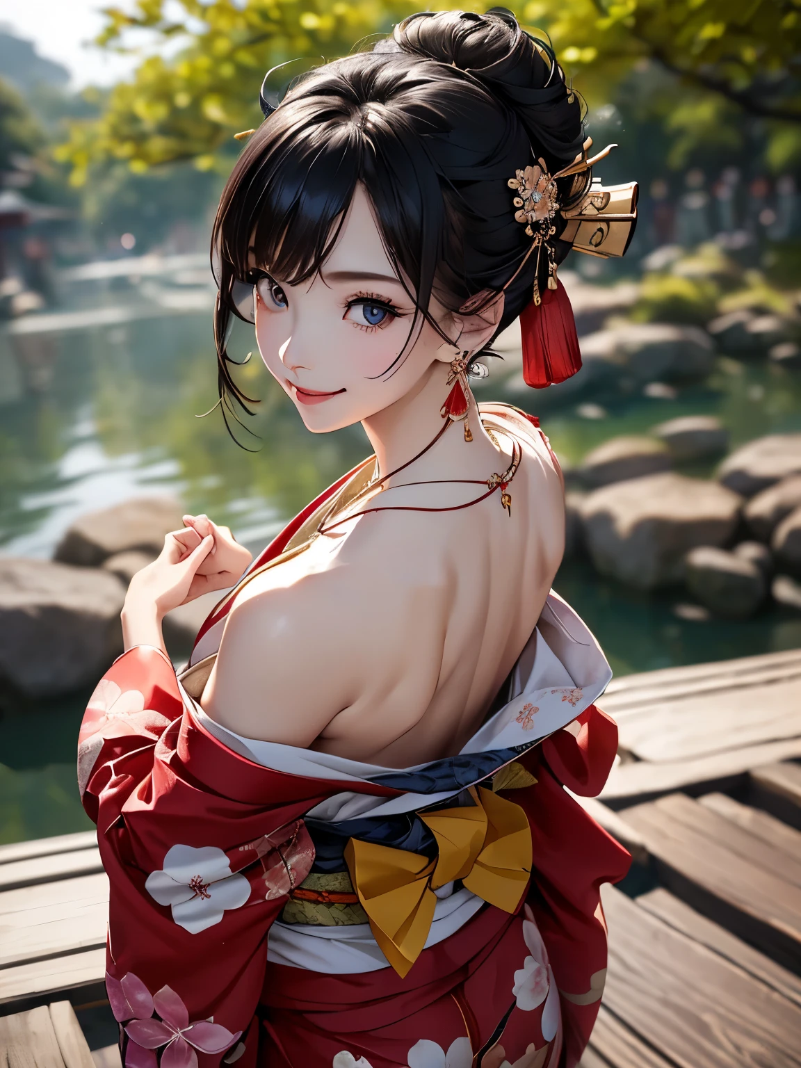 beautiful asian woman wearing a white and red kimono, red tattoos on cleavage, anime style, hyper detailed face, beautiful smile, beautiful eyes, thigh tattoos, loose on shoulder kimono