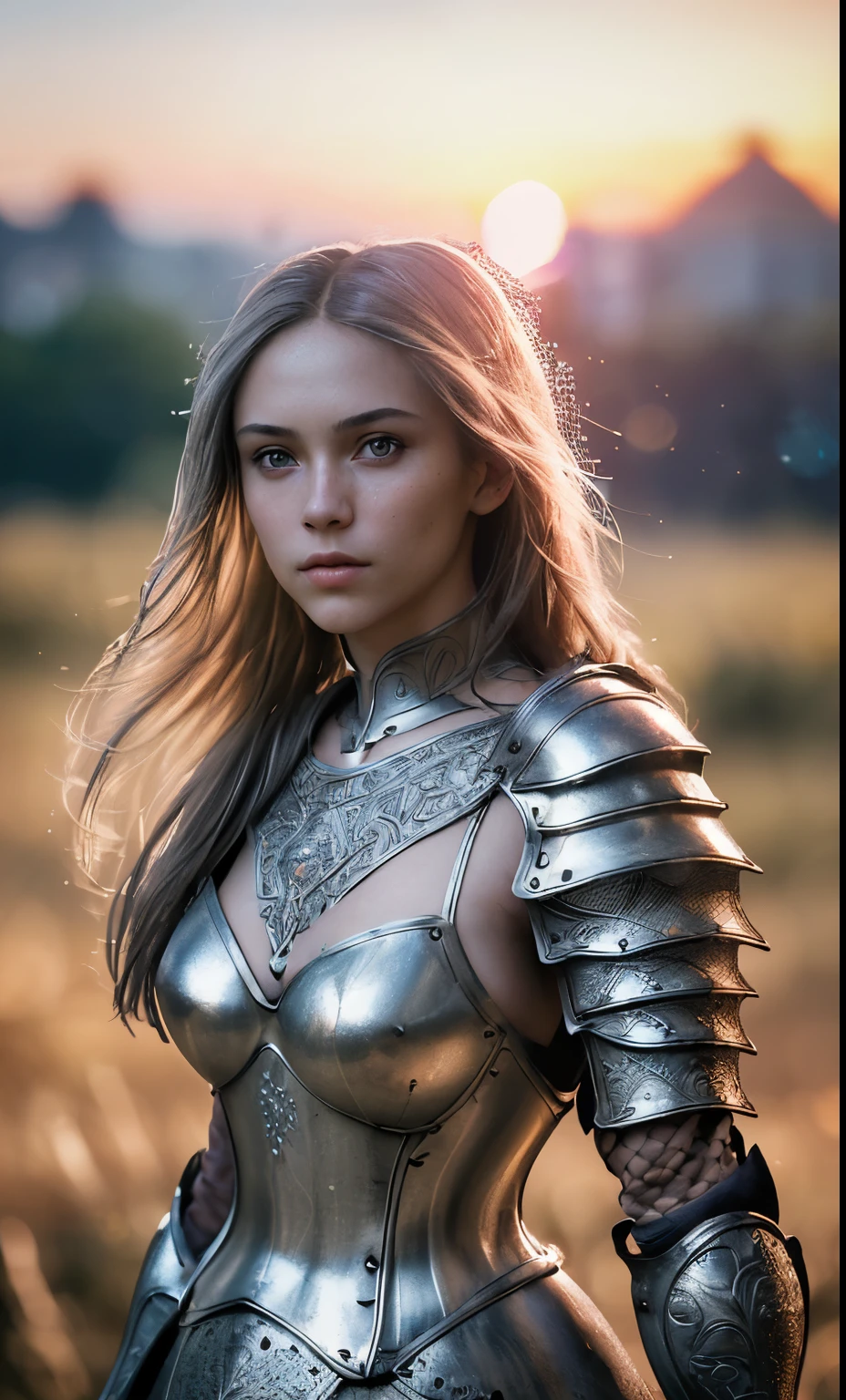 (masterpiece), (extremely intricate:1.3), (realistic), portrait of a girl, the most beautiful in the world, (medieval armor), metal reflections, upper body, outdoors, intense sunlight, far away castle, professional photograph of a stunning woman detailed, sharp focus, dramatic, award winning, cinematic lighting, octane render unreal engine, volumetrics dtx, (film grain, blurry background, blurry foreground, bokeh, depth of field, sunset, motion blur:1.3), chainmail