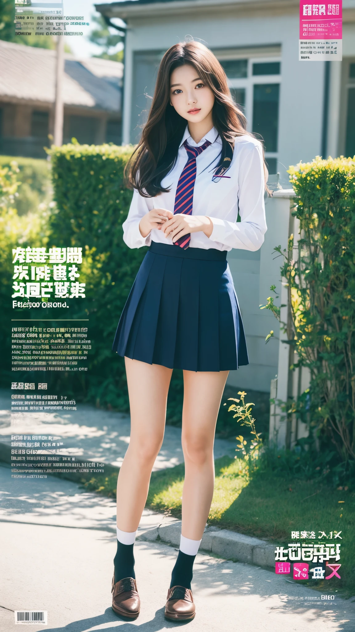 Beautiful girl magazine cover,JK school uniform,bright picture,((full body portrait)),Real skin texture,Realistic ray tracing,True light reflection,8k,masterpiece,Super fine,Film effect,grainy,Realism,dynamic perspective