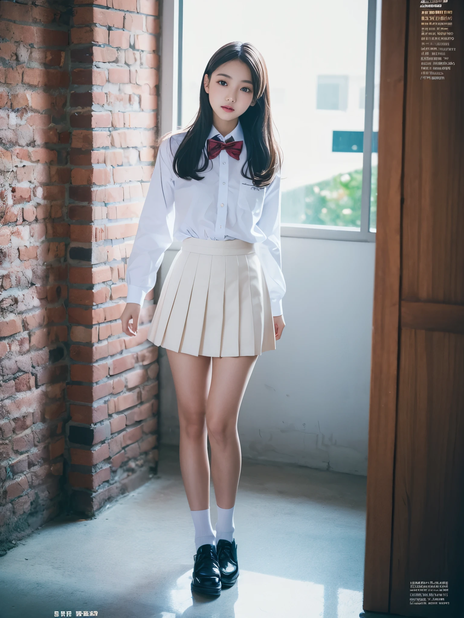 （（（Beautiful girl magazine cover））），JK school uniform，bright picture，（（full body portrait）），Real skin texture，Realistic ray tracing，True light reflection，8k，masterpiece，Super fine，Film effect，grainy，Realism，dynamic perspective