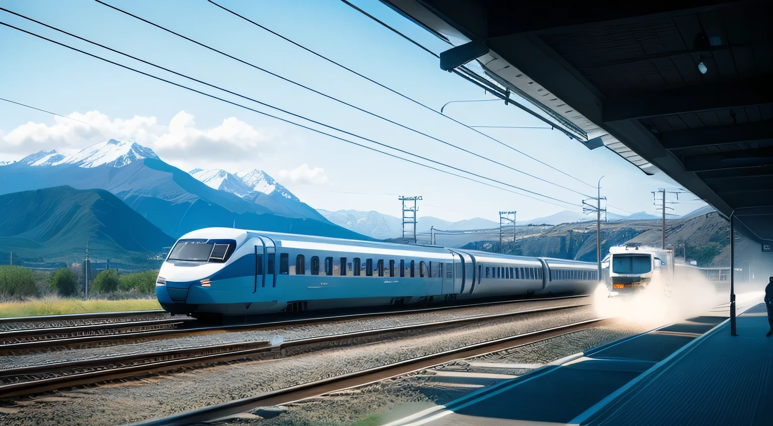 Realistic Japanese Shinkansen illustration,Powerful depiction,passing through the station,The car body is based on white.、There are two blue lines of different thickness in the center..,fantastic backlight lighting,High resolution and realistic details during ground operationountains in the background々.