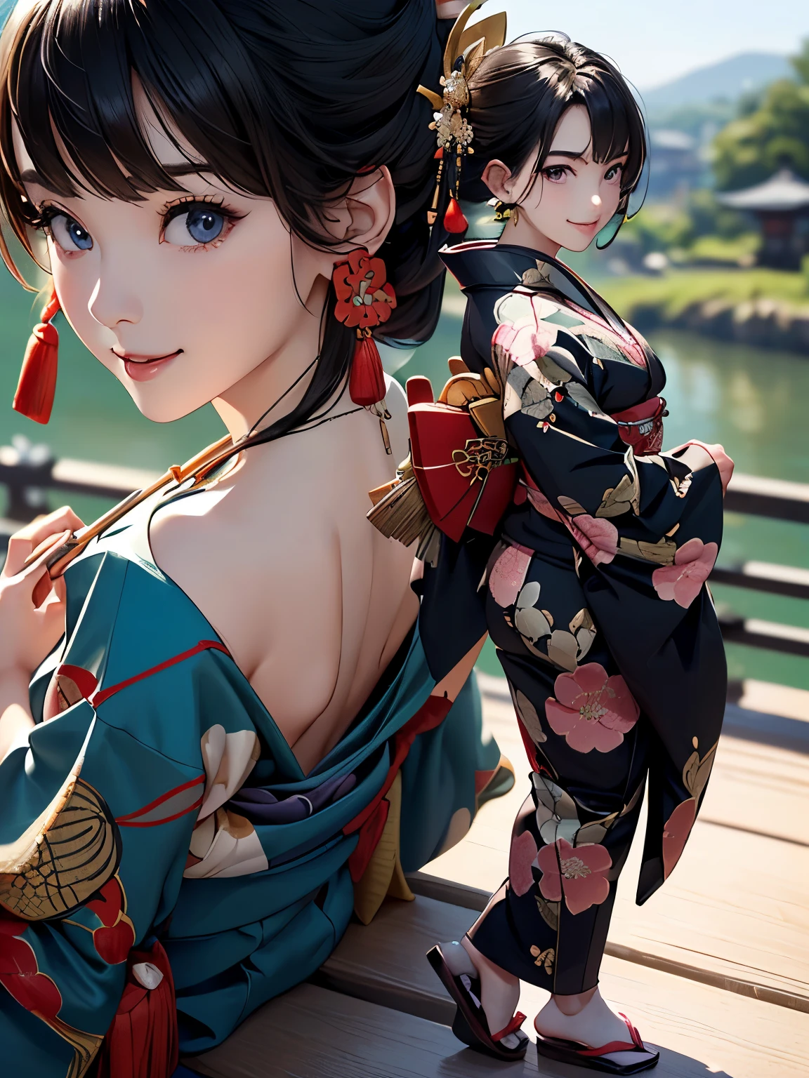 ((Biologically correct number of limbs))、((full body shot, Full body photo including face、head to toe photo))、standing position、[NSFW]、4K、masterpiece、((focus on the face))、((Symmetrical facial features))、Eyes of minute description、Beautiful woman、outstanding style、beautiful clavicle、beautiful legs、(small ass、thin thighs）、(high heels）、Detailed depiction of faces、small earrings、necklace、Close-up photo of the upper body、(kimono）、Scenery of Kyoto on holiday morning、A happy smile、buckshot、back view