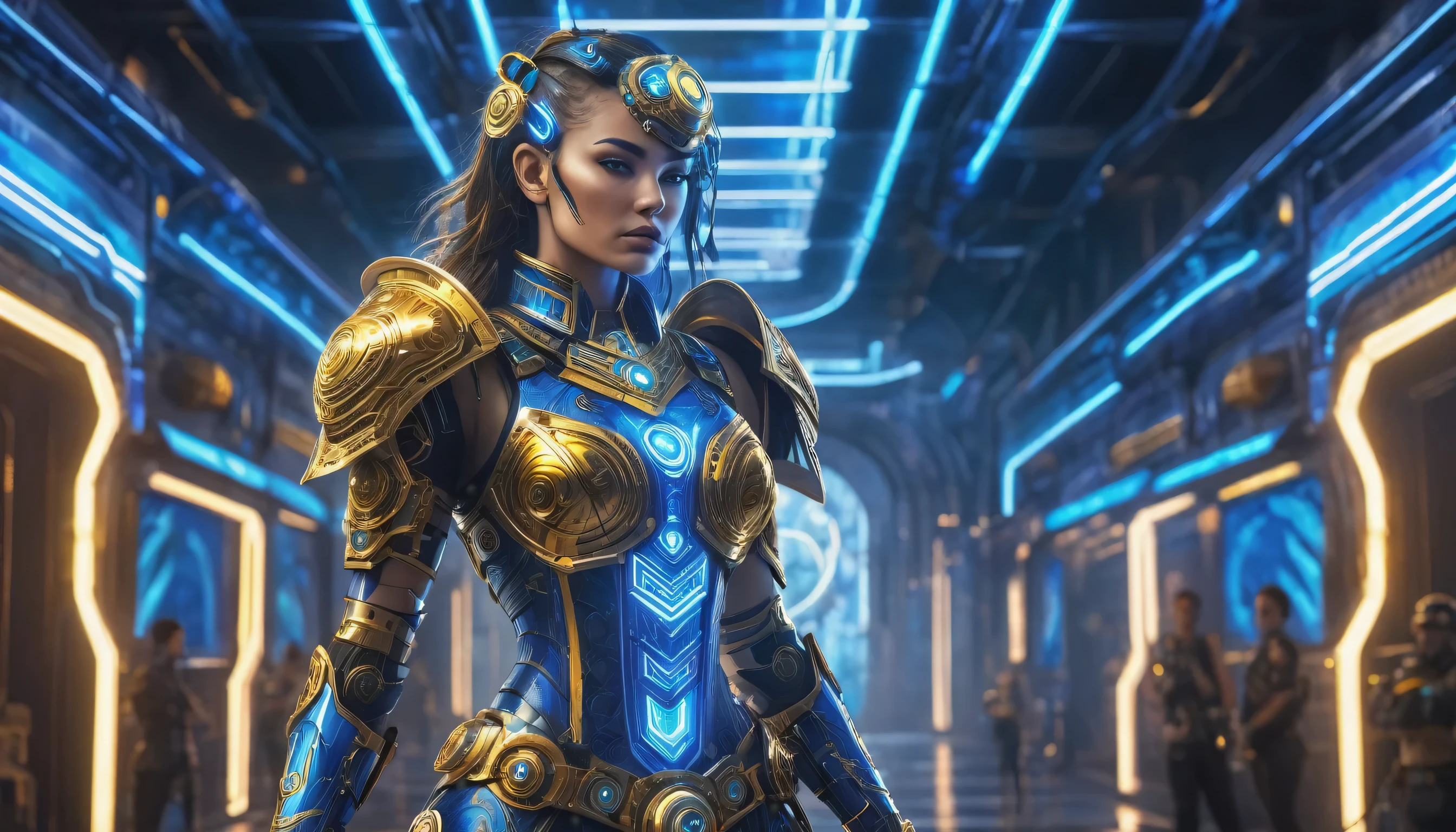 female warrior of the future, Dressed in blue and gold armor, Posing confidently while holding a chain weapon. Her cybernetic enhancements are noticeable in complex mechanical environments.., Brightly glowing neon accents. The reflective metal surface beneath her reflects her strong and determined stance... Surrounding her are the buildings of advanced civilizations.., Decorated with interlocking gears and intricate circus-like patterns.. The scene is filled with soothing blue ambient lighting., Add a surreal atmosphere. This digital rendering is available in HDR Ultra Hyper Realistic 16k resolution.., fill 16:9 screens with intricate details
